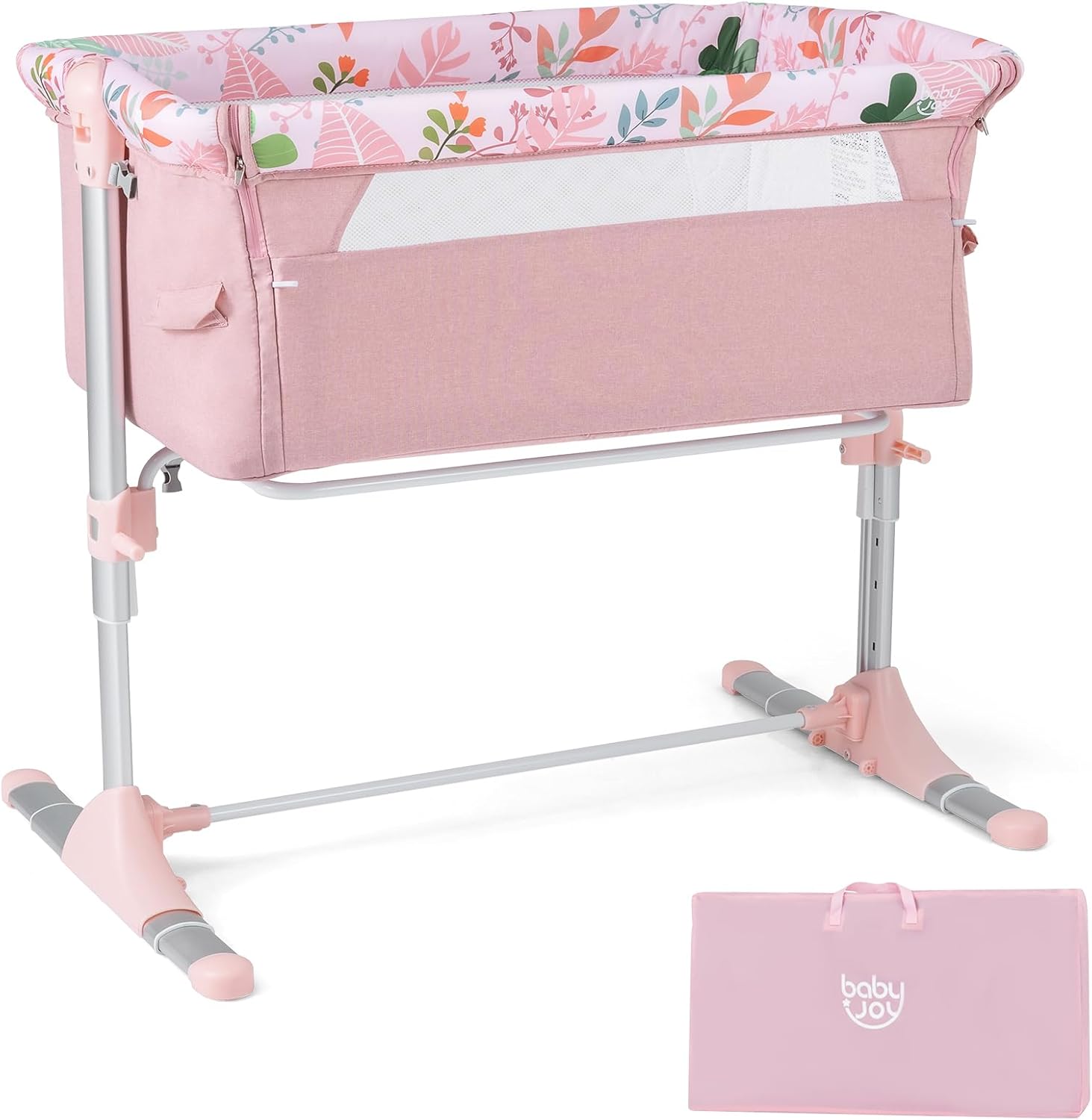 BABY JOY Bassinet, Printed Folding Bedside Crib w/Adjustable Height, Retractable Feet, Soft Mattress & Portable Carry Bag, Baby Bassinets Bedside Sleeper for Newborn Infant, Pink