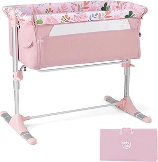 BABY JOY Bassinet, Printed Folding Bedside Crib w/Adjustable Height, Retractable Feet, Soft Mattress & Portable Carry Bag, Baby Bassinets Bedside Sleeper for Newborn Infant, Pink