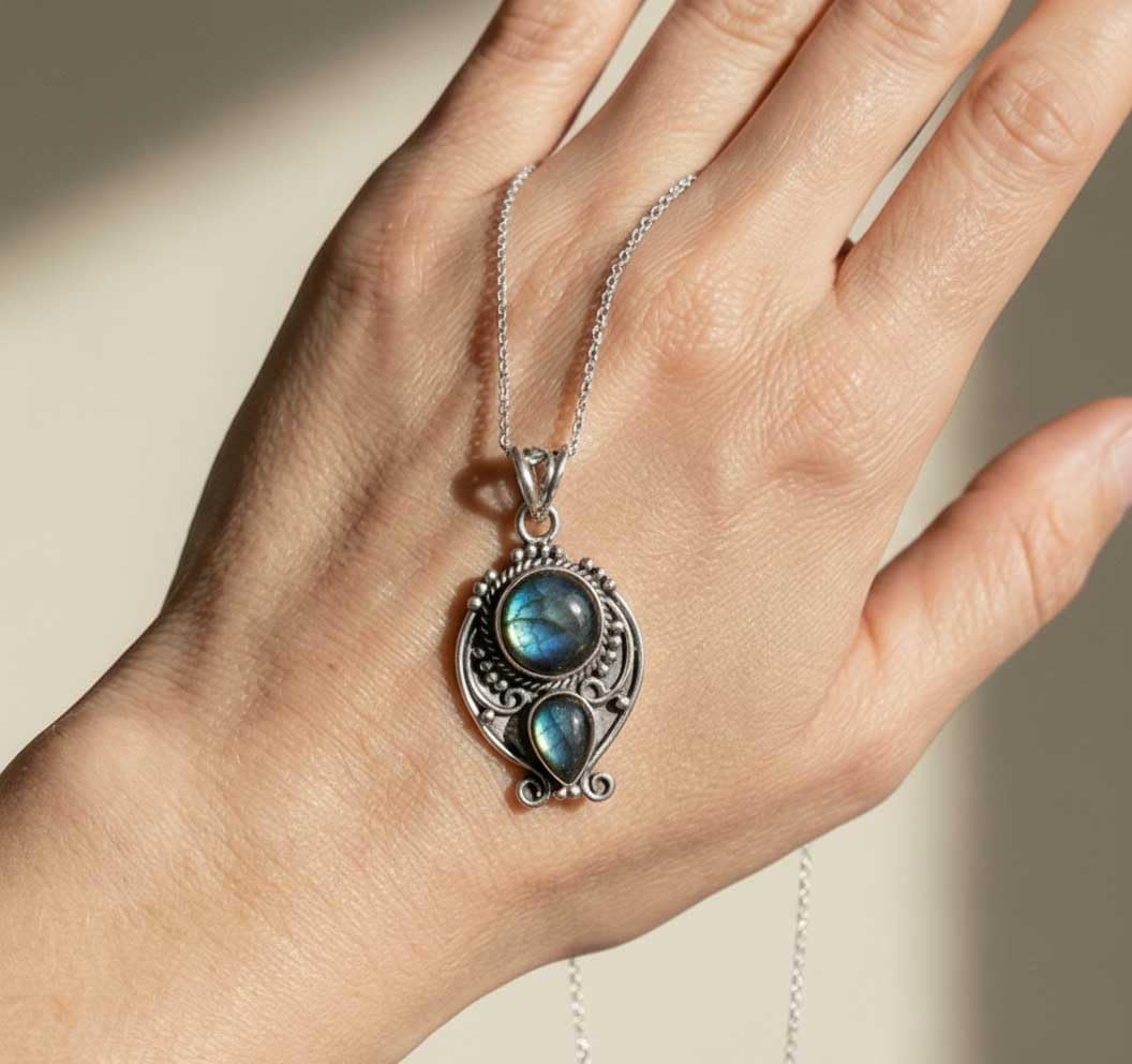 JEWELOPORIUM Chunky Natural Gemstone Pendant Necklace For Women Garnet, Labradorite, Turquoise, Carnelian Round - Pear Boho 925 Sterling Silver Plated Handmade Jewelry