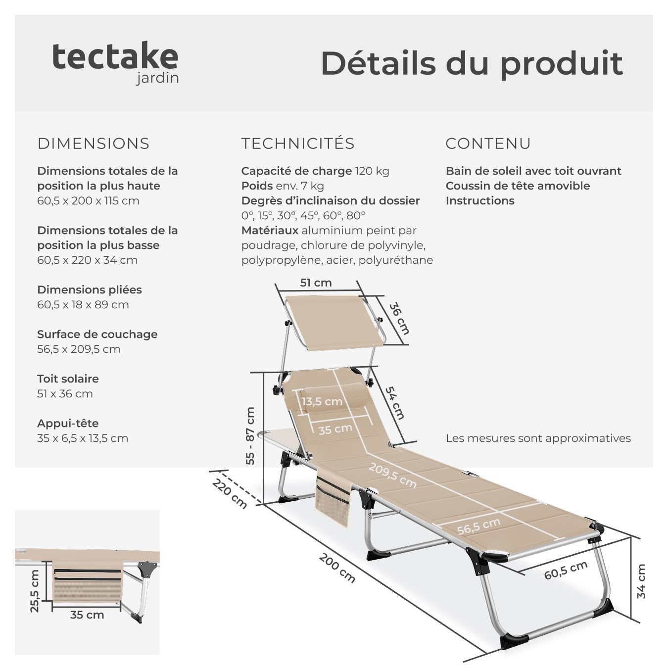 tectake® Chaise Longue Pliante Bain de Soleil Jardin Exterieur avec Pare Soleil et Appuie-tête, Chaise Longue inclinable en Aluminium, Transat de Plage Relax Jardin Camping Salon de Jardin Exterieur