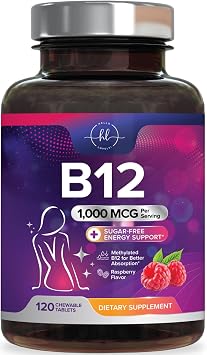 Vitamin B12 1000 mcg per Serving Chewables - B12 Complex with Heart & Nerve Energy Health Support - Vitamin B-12 Complex with Immune Health Support - Fast Dissolve, Bottled in USA - 120 Chewables