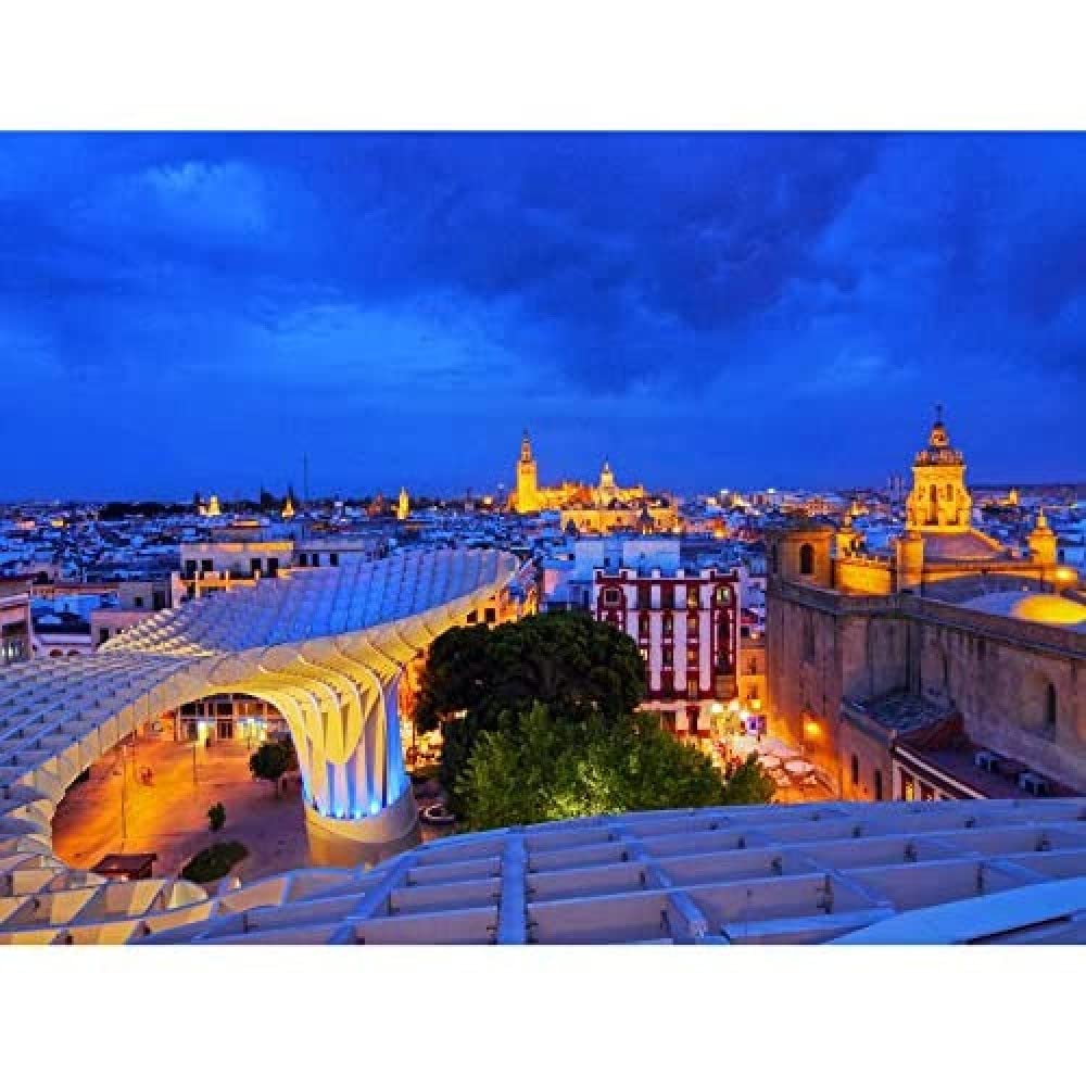 Wee Blue Coo Cityscape Seville Spain Cathedral Night View Lights Large Art Print Poster Wall Decor 18x24 inch