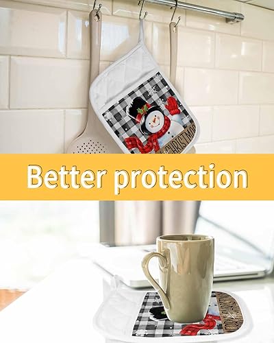 Miniatura 7 de Snowman Plaid Black 2Pcs Pot Holders for Kitchen,Non Slip & Heat Insulation Terry Cloth Potholder Set with Pocket,Thick Hot Pad Oven Mitts Trivet