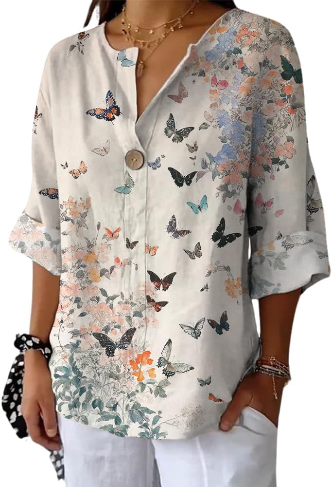 HOTYD Womens Boho Floral Tops Button V Neck Long Sleeve Blouses Dressy Casual Work Shirt Loose Fit Summer Beach Tops