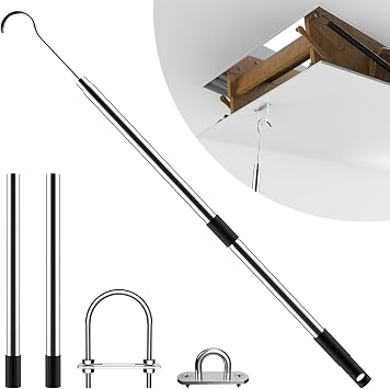 Attic Pull Down Hook with 53.5 Adjustable Pole, Heavy-Duty Stainless Steel Hook with 2 Handles for Pull-Down Attic Ladder Door, Replaces Attic Pull Down Cord