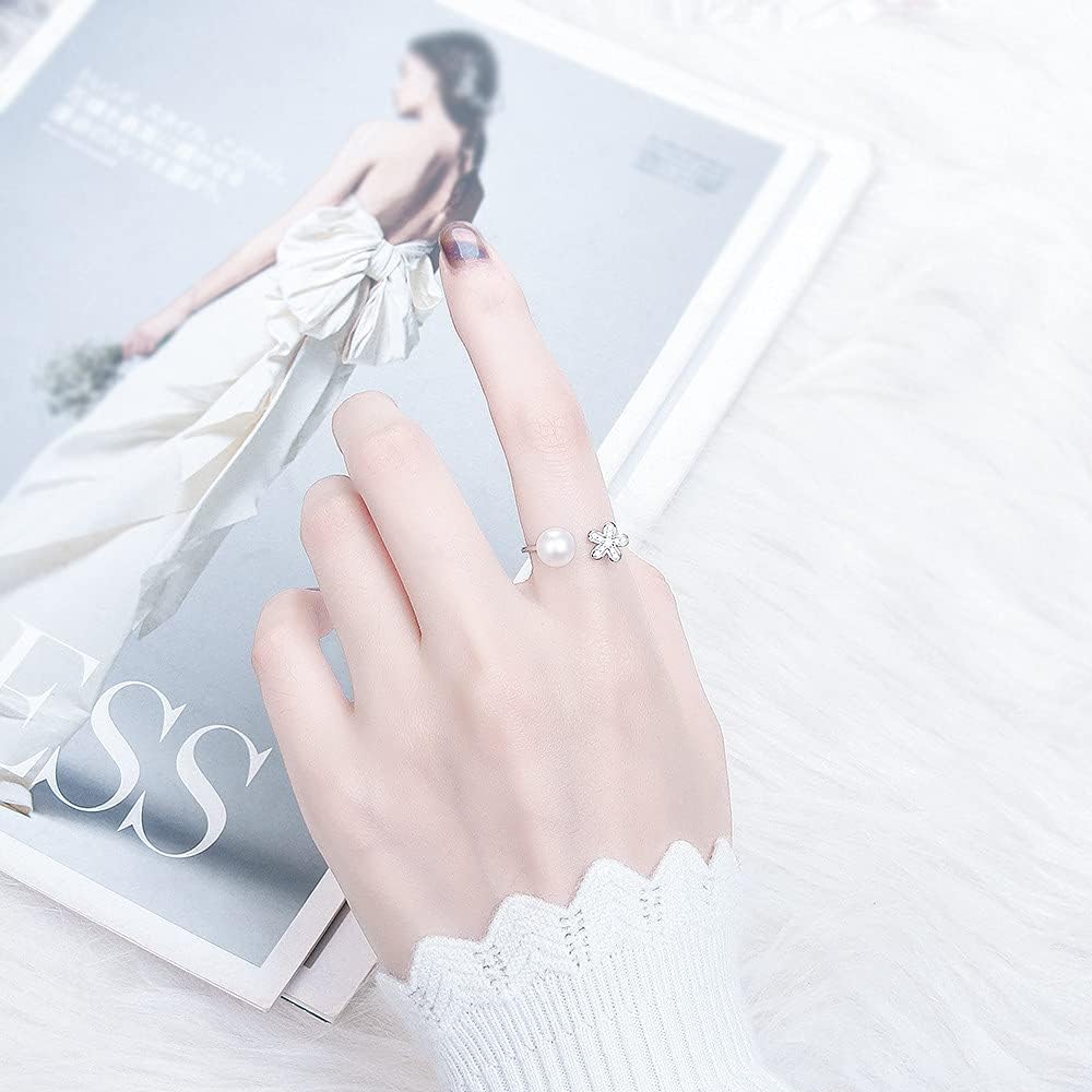 Sterling Silver Flower CZ Adjustable Rings for Women, Design Ring Mounts Fittings with Pearl Seat for DIY Jewelry Making