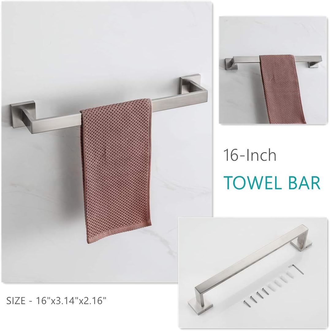VELIMAX Premium Stainless Steel 3-Piece Bathroom Hardware Set Wall Mounted Bathroom Accessory Set - Robe Hook Toilet Paper Holder 16-Inch Towel Bar, Brushed