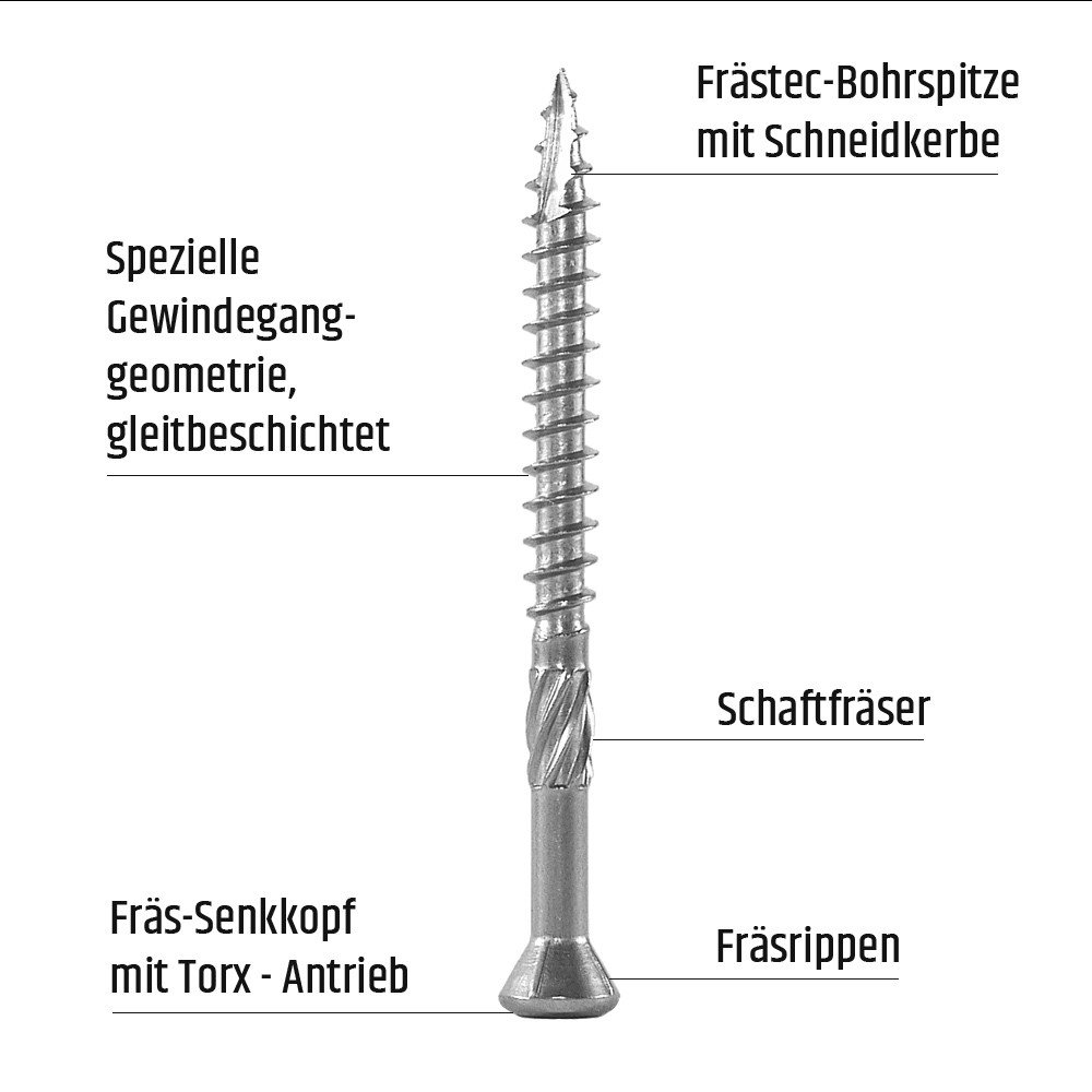 1000 Terrassenschrauben Edelstahl 5x60mm rostfrei - incl. Bit Torx 25 - C2 martensitisch, AISI 410 für Hartholz-Dielen