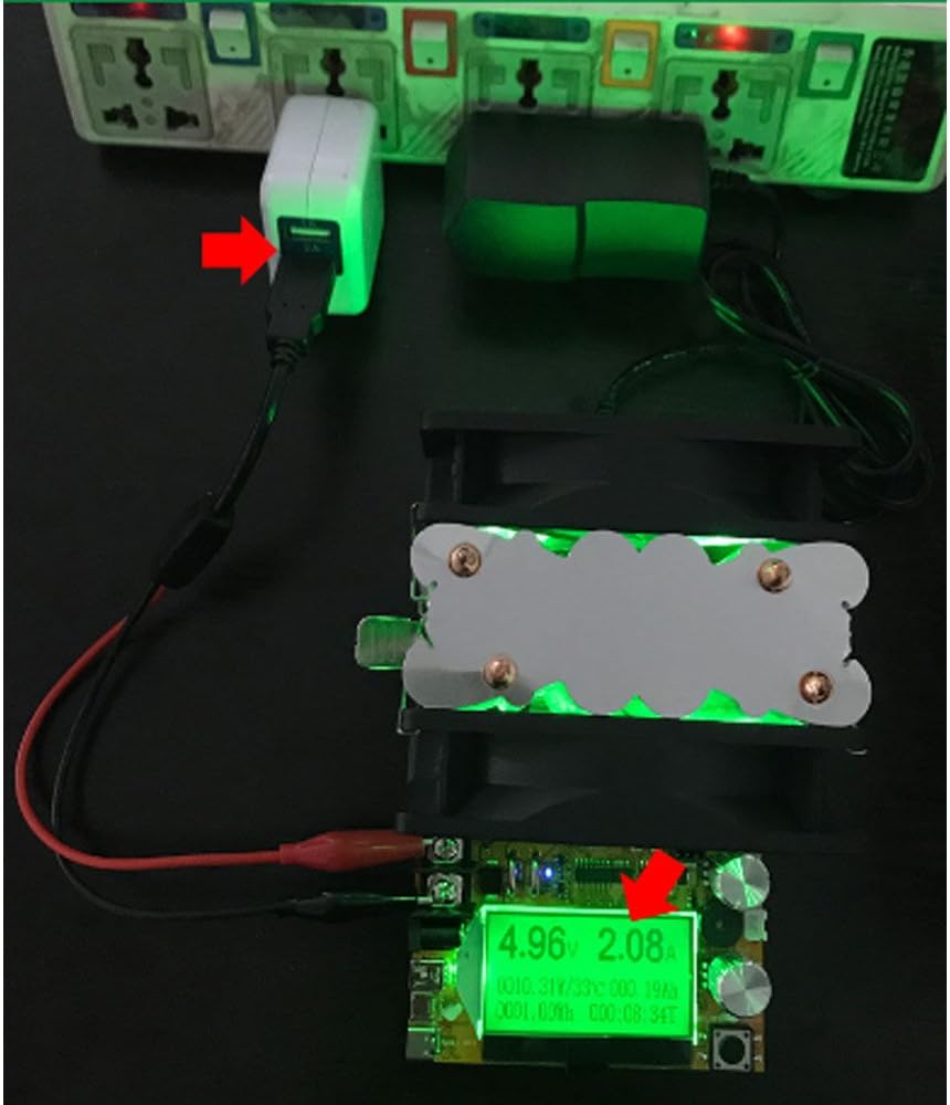Electronic Load Tester connected to a USB power adapter