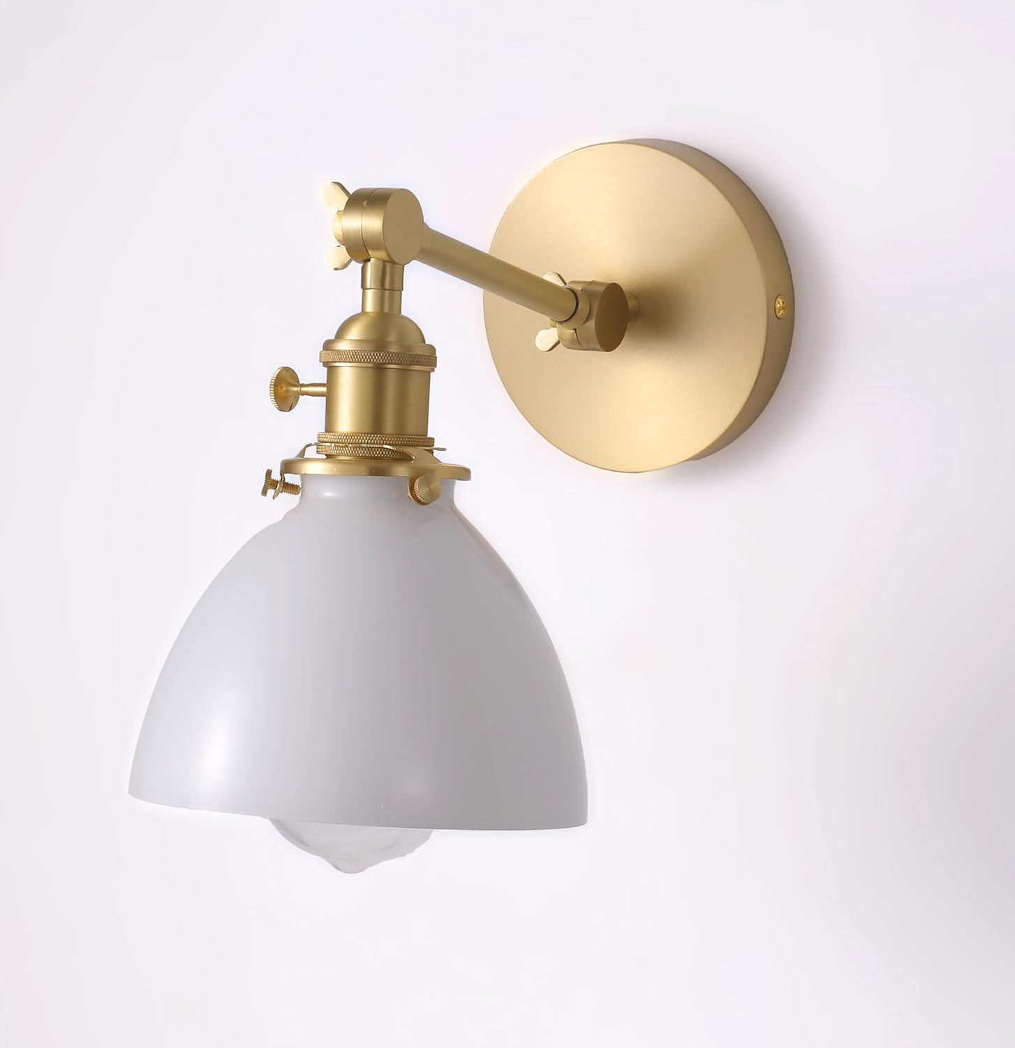Gold wall sconce with brass finish with swing arm and switch - Mid century modern farmhouse style milk glass brass wall sconce for bathroom, bedroom, hallway, or kitchen decor(Bulb Included)