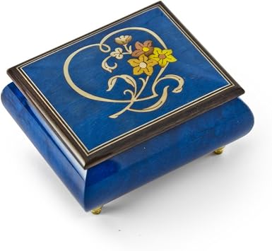 Gorgeous Dark Blue Stain Heart and Floral Wood Inlay Music Box - Many Songs to Choose - Everything is Beautiful