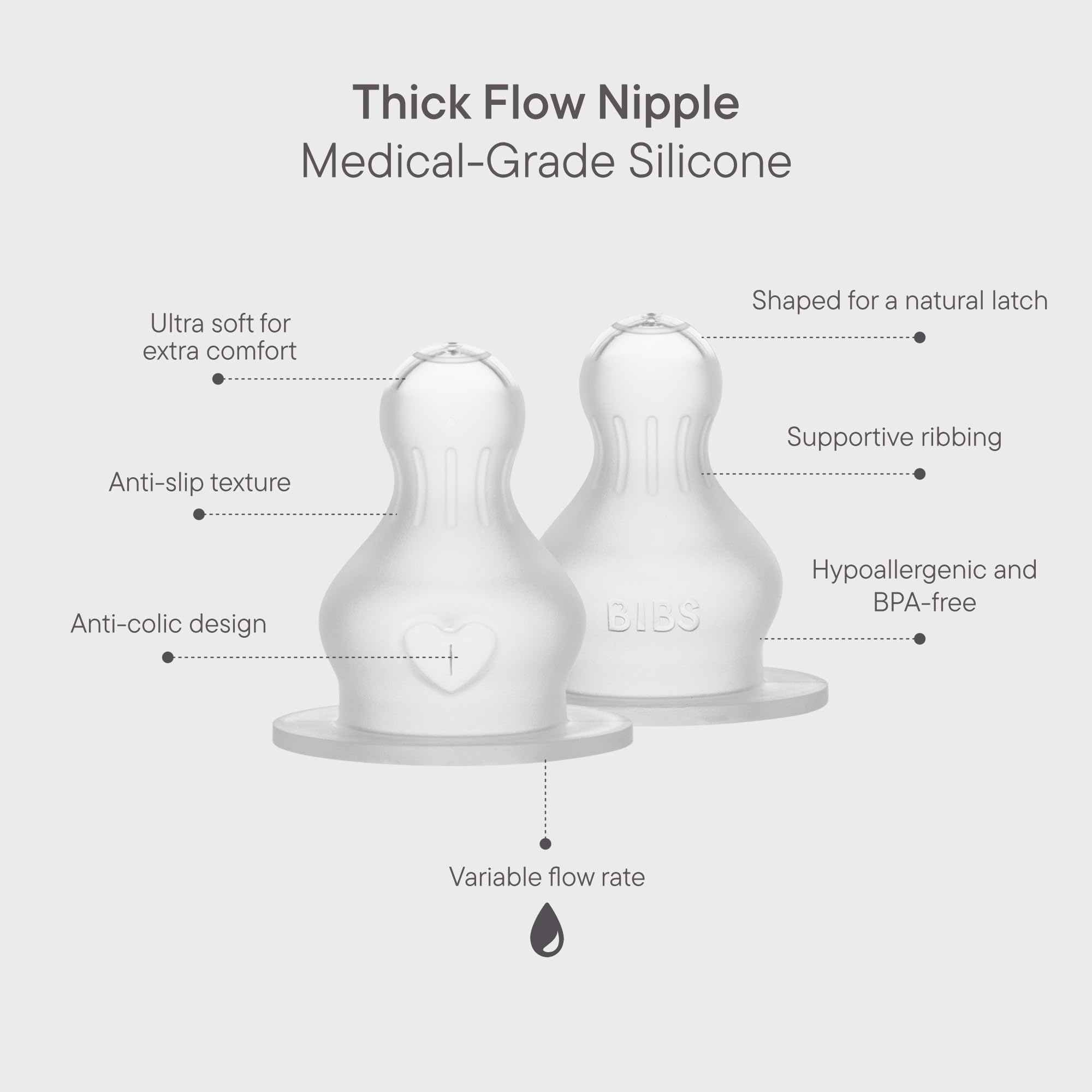 BIBS Baby Bottle Silicone Teat 2 Pack, Anti-Colic, BPA-Free, Round Silicone Teat, Thick Flow, Lightweight & Easy to Clean - Image 2