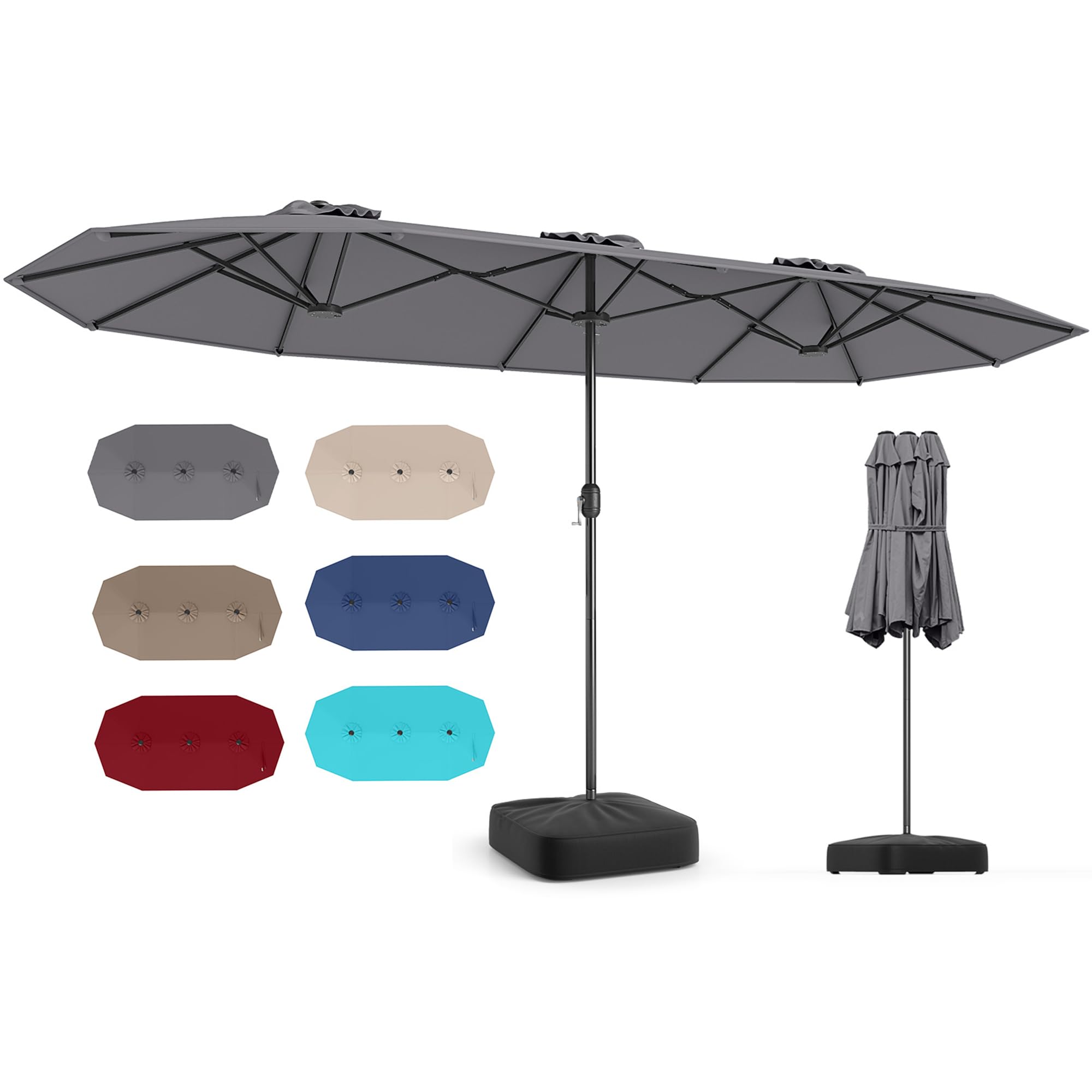 RELAX4LIFE Grand Parasol de Jardin Extérieur avec Pied | Parasol Double Terrasse à 12 Baleines | Manivelle | Polyester Résistant | Verrou de Sécurité | Protection UV pour Piscine Patio Marché (Gris)
