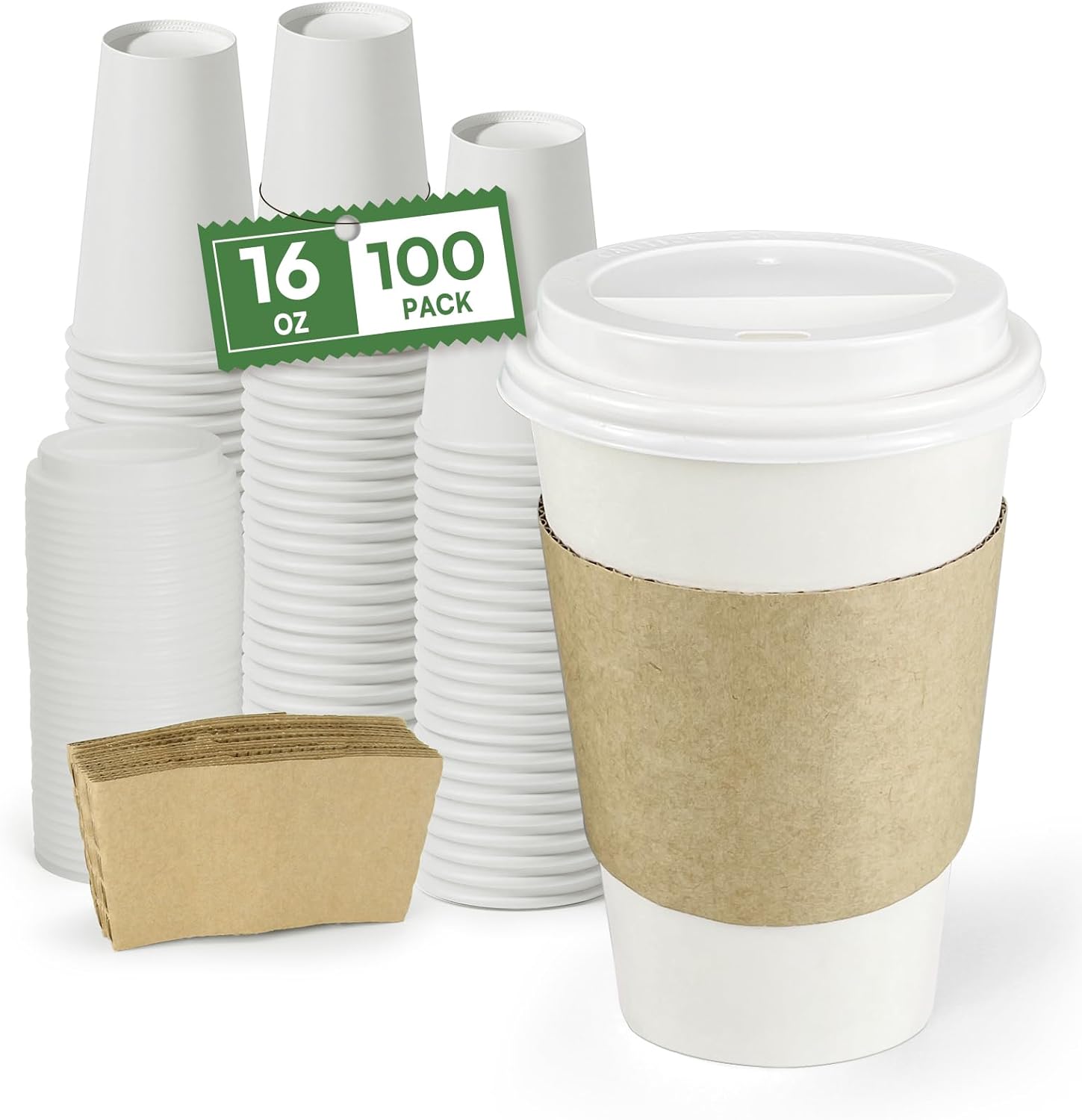 Paper Cups 16 oz Disposable Coffee Cups with Lids and Sleeves,100 Pack To Go Hot Cups with Lids & Kraft Sleeves, BPA Free Leak Proof Disposable Cups for Everyday Use Cafe Office Coffee Bar Essentials 16oz_100 sets
