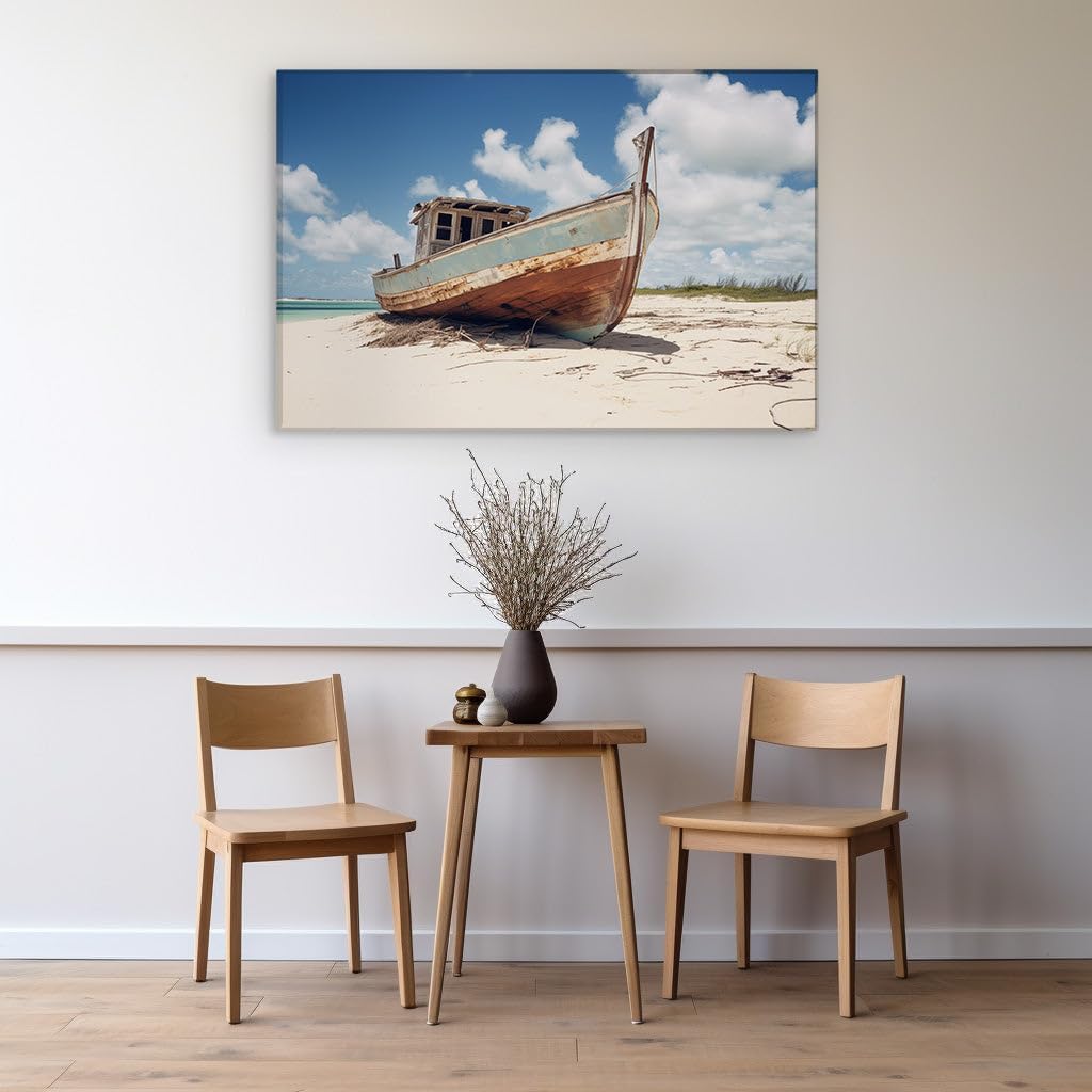 Canvas for Living room. Stranded Beauty: An Old Boat's Serene Repose on a Pristine White Sand Beach, 27 x 18 inch Canvas Wall Art - Contemporary Masterpieces - Modern Home Decor
