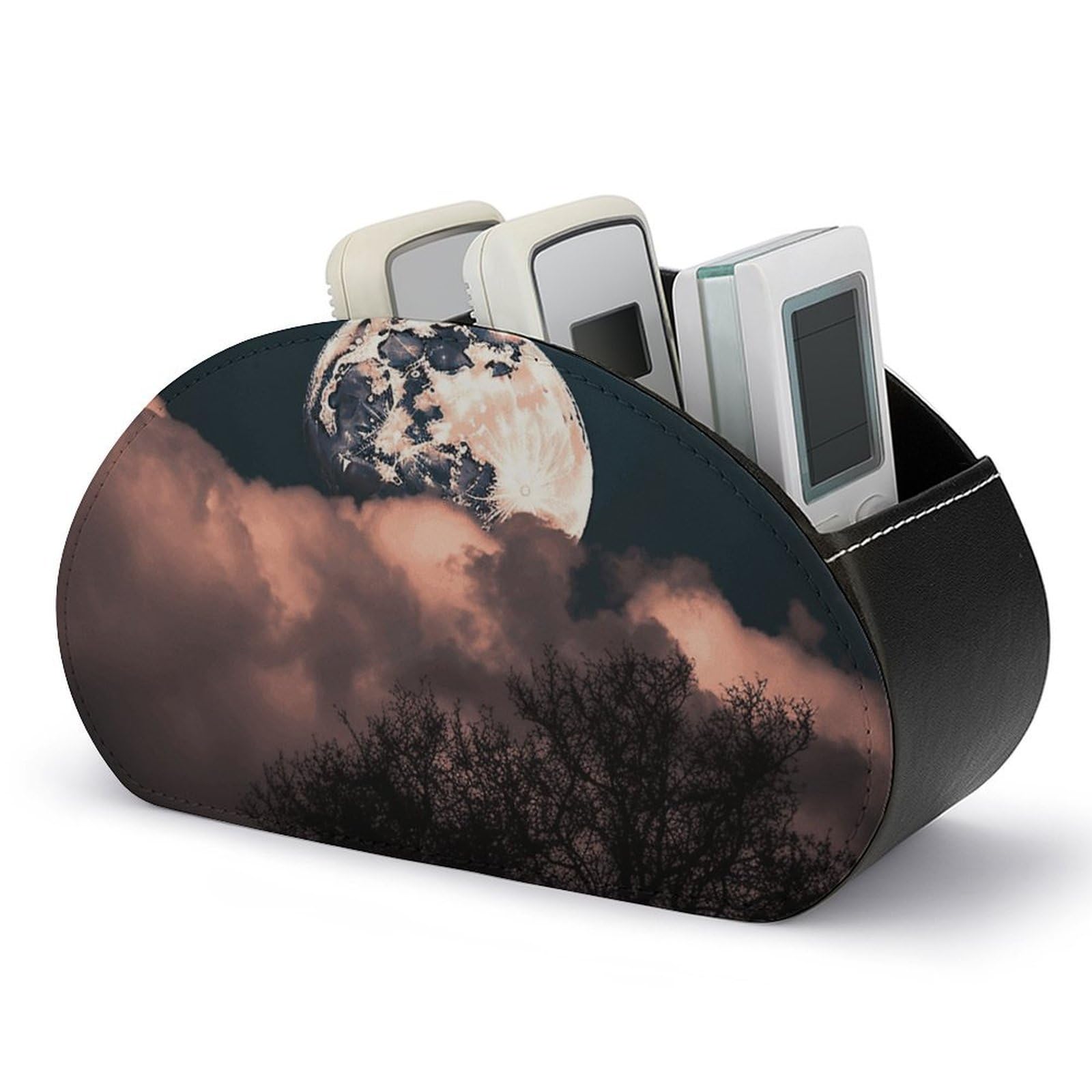 NTVOWPZO Full Moon Remote Control Holder with 5 Compartment Organizer Box, Leather TV Remote Holder Organizer Caddy for Table, PU Leather Remote Box for Nightstand Office Desk Storage Box