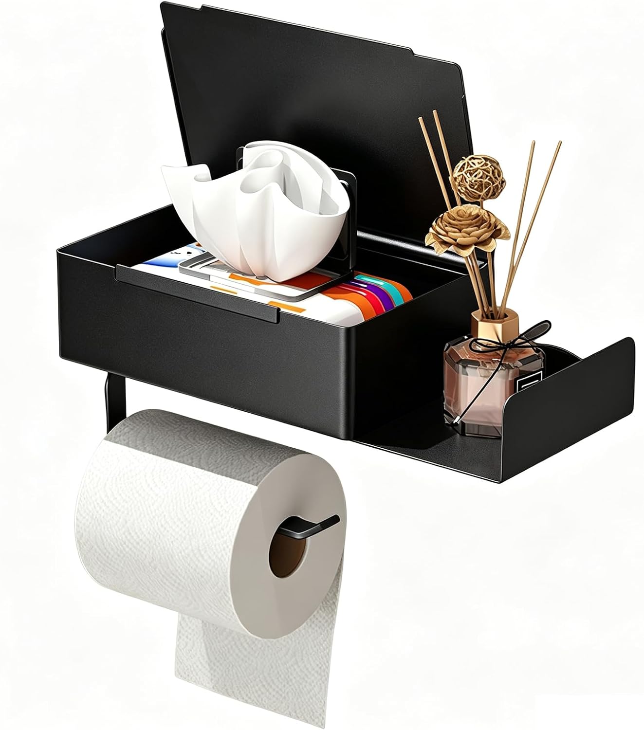 Toilet Paper Holder with Shelf Black Toilet Paper Holder with Wet Wipes Box