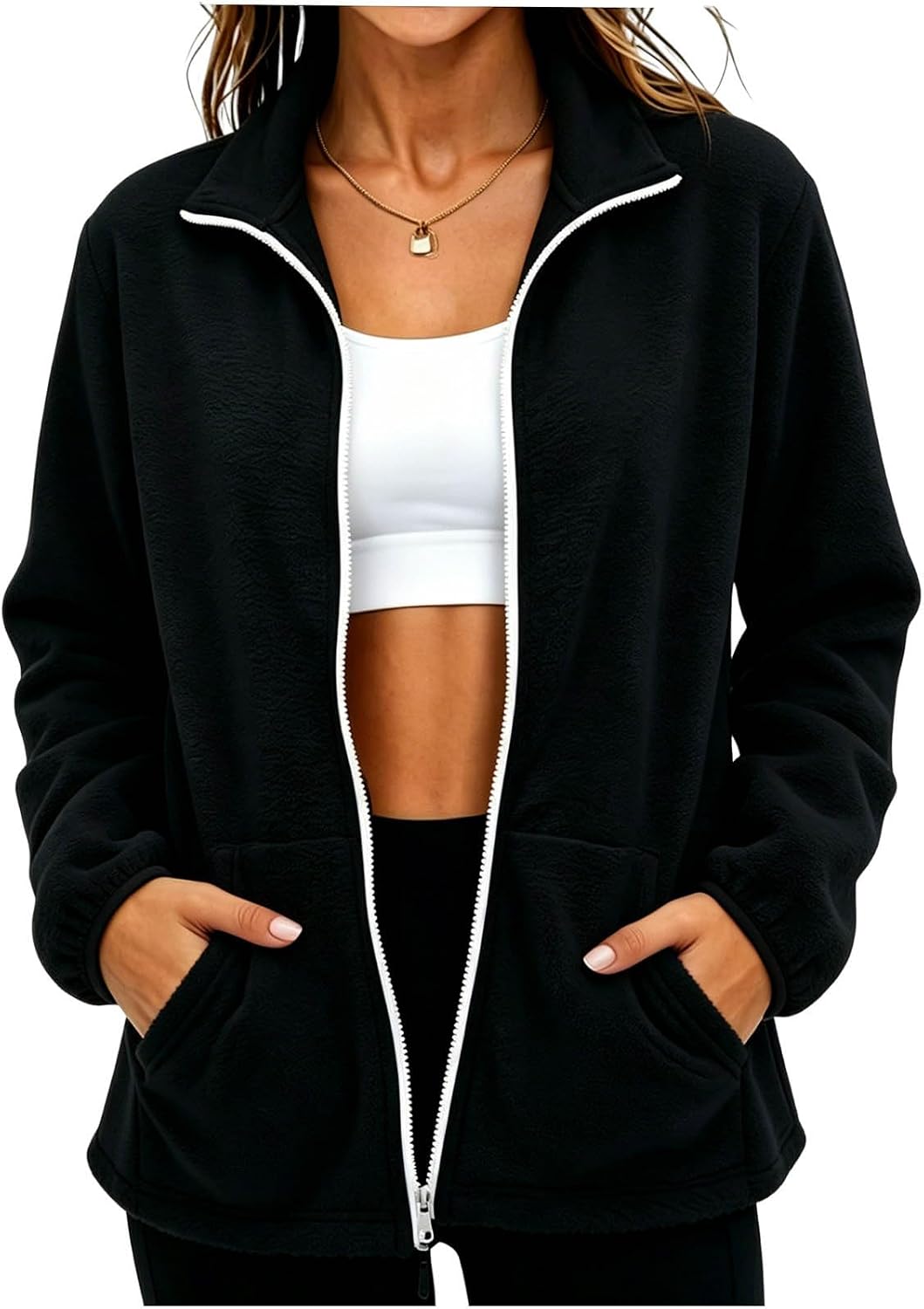 Women Full Zip Fleece Jacket Stand Collar Long Sleeve Soft Warm Top Fashion Casual Fall Winter Coat with Pockets