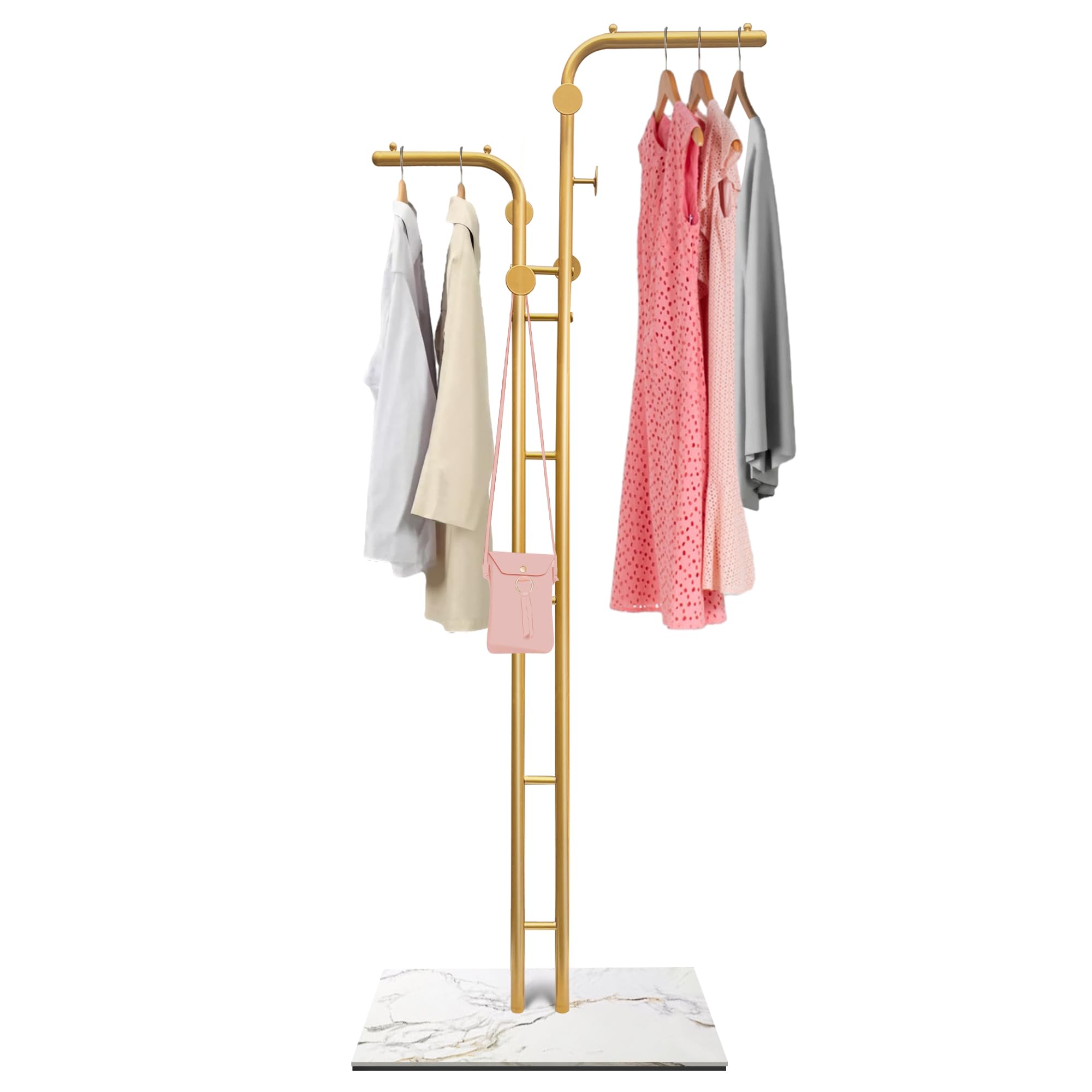 Freestanding Coat Rack Double-pole, Coat Rack Freestanding Mordern, Coat Racks Natural Marble Base, Coat Hanger Standing for Bedroom, Hallway, Office, Extra Room for Hats, Handbags (gold)