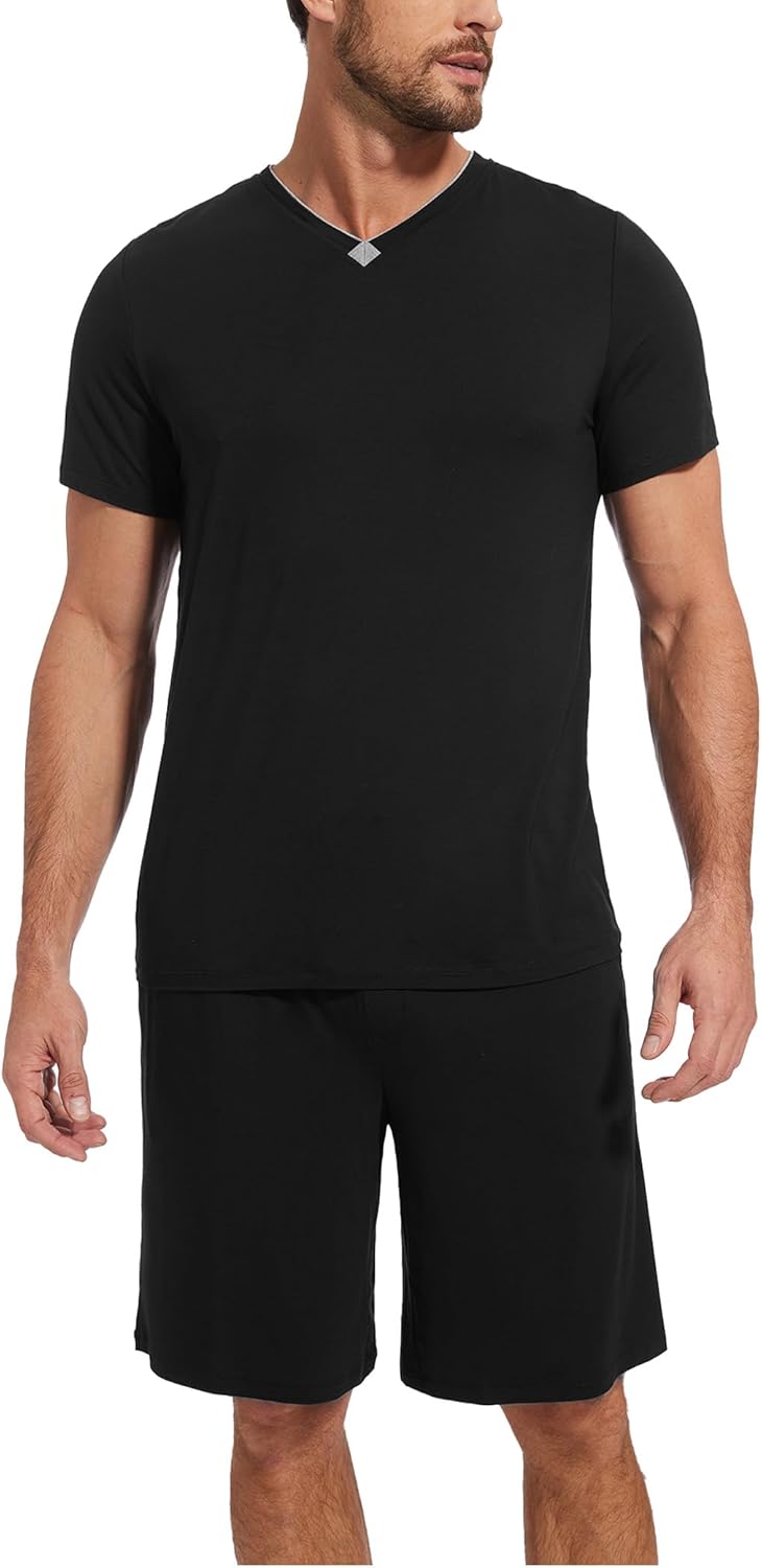 GYS Men's Pajama Sets, Bamboo Viscose Short Sleeves and Shorts 2 Piece V-Neck Pajamas for Men