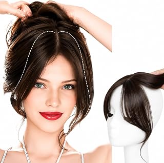 Human Hair Front Hairline Topper 10" Clip on Curtain Bangs 3D Side Fringe with Invisible PU & Lace Base (Dark Brown)