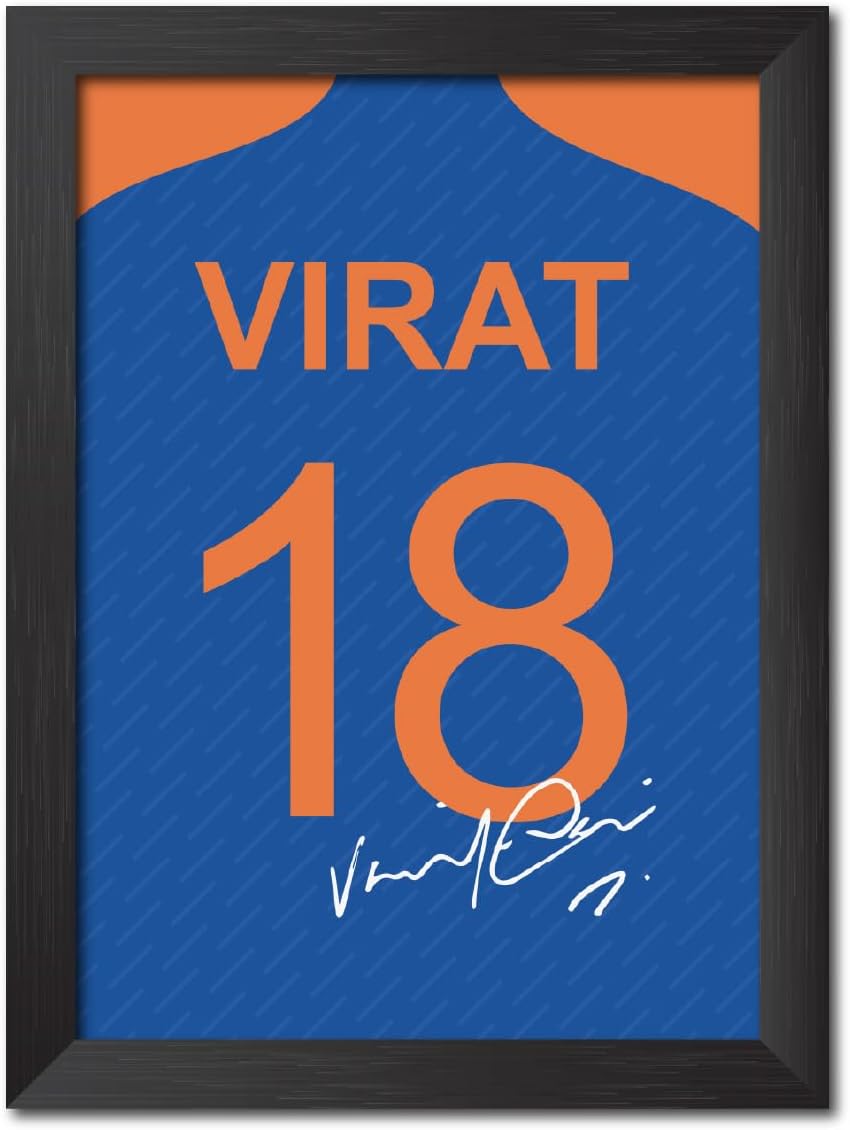 TenorArts Virat Kohli Jersey Poster with Signature Indian Cricket Photo Framed Painting with Matt Finish Black Texture (12 inches x 9inches)