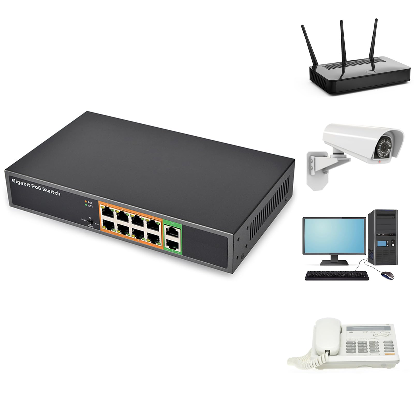 Switch Gigabit Power over Ethernet a 10 porte con alloggiamento in metallo, porta 8 x 1000 m e 2 uplinking, facile installazione, switch Power over Ethernet non gestito