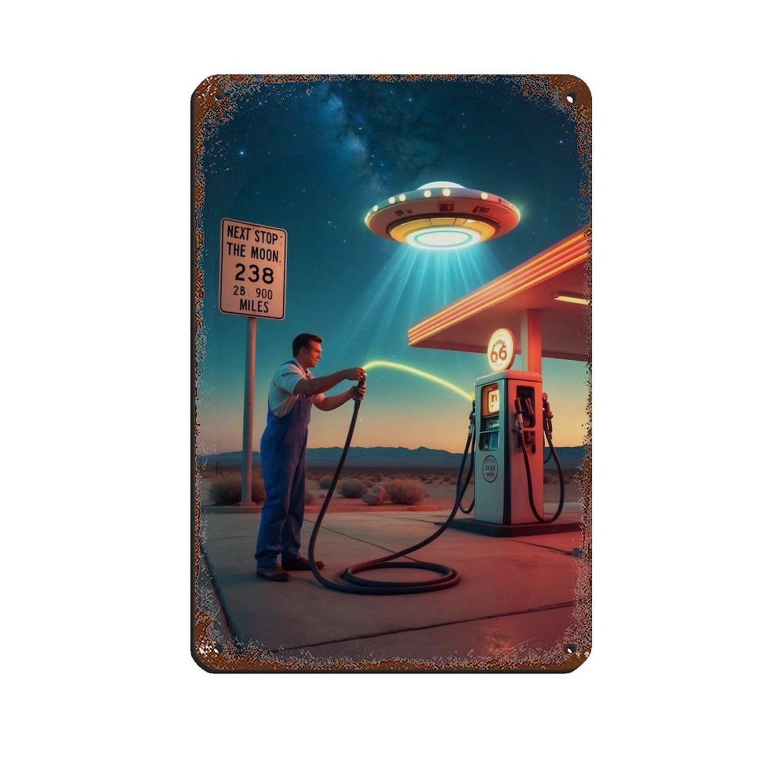 Retro Futuristic Gas Station Retro Poster Metal Tin Sign Chic Art Retro Iron Painting Bar People Cave Cafe Family Garage Poster Wall Decoration 8x12inch(20x30cm)