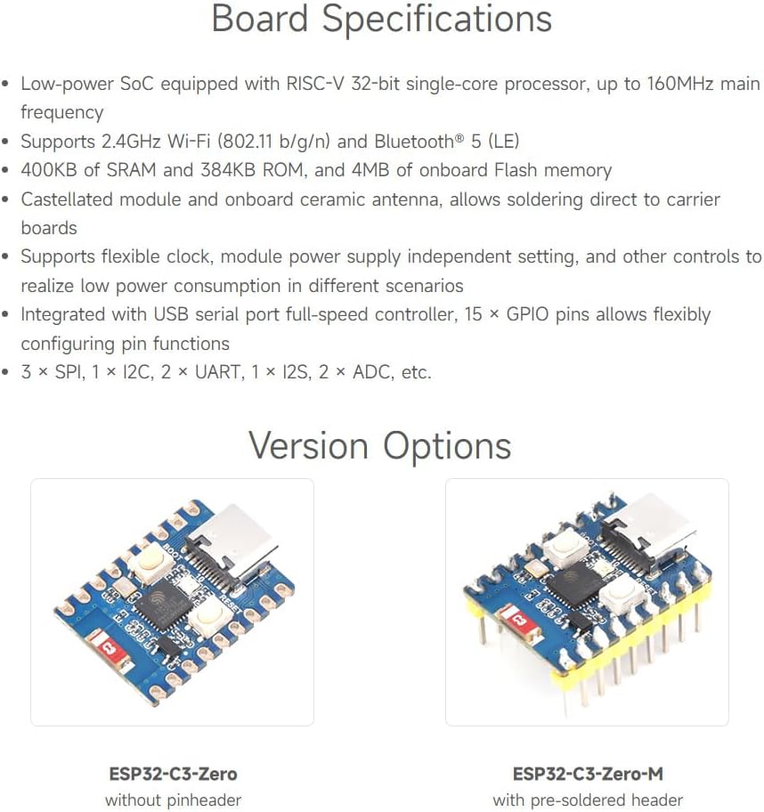Diagram showing key features and specifications of the ESP32-C3 Mini Development Board