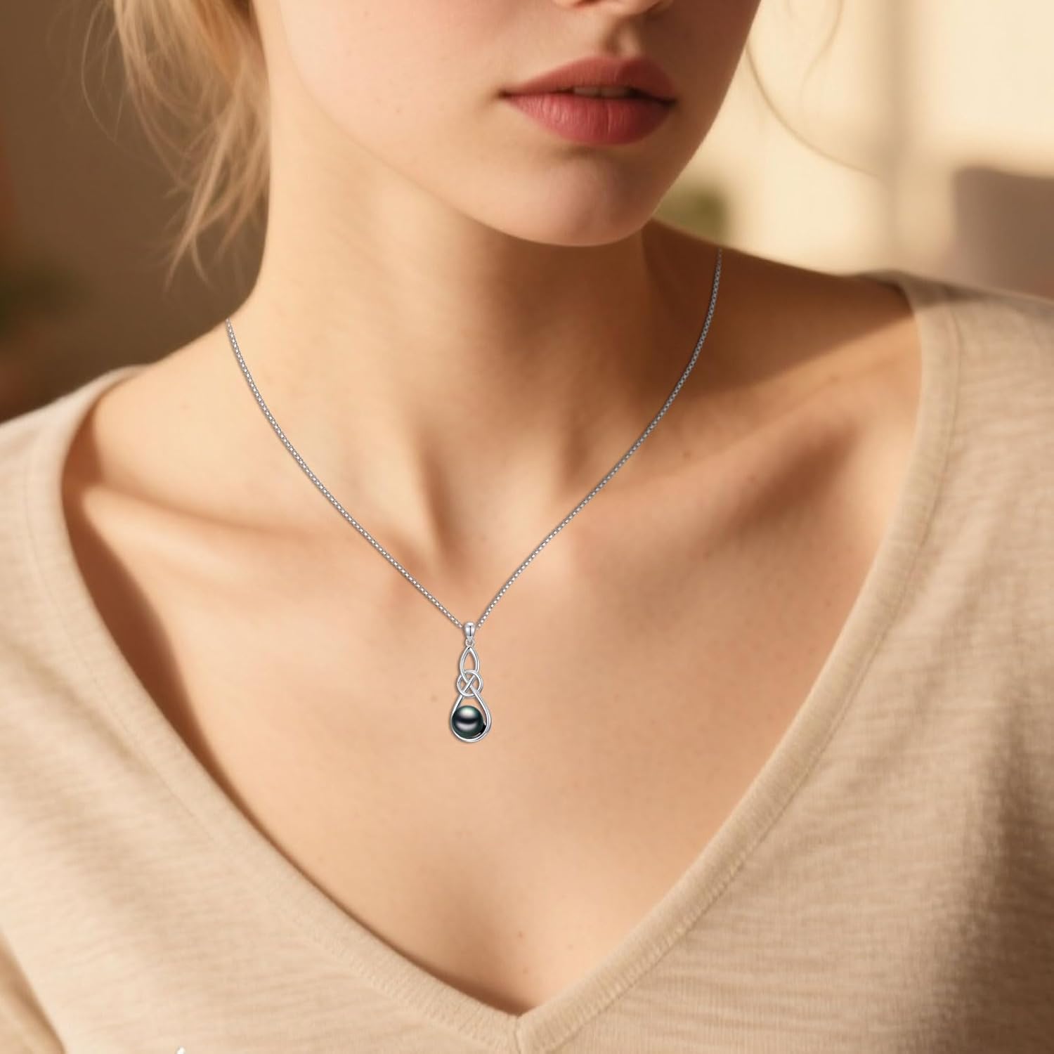 Tahitian Black Pearl AAAA 18K White Gold Plated Sterling Silver Trendy Pendant Necklace for Women Wife Mom Girlfriend Her Jewelry Gift for Anniversary Birthday - Image 2