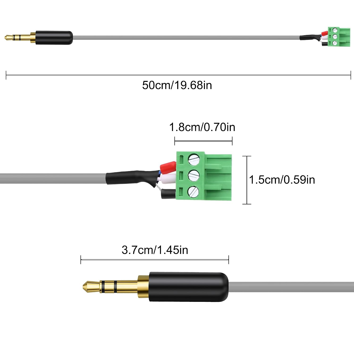 XMSJSIY 3.5mm to Phoenix Terminal Connector Audio Cable 1/8" TRS Male to 3-pin 5.08mm/0.2inch Pitch PCB Phoenix Female Plug Stereo Solderless Screw Block Connector Cord - 50CM/1.64FT