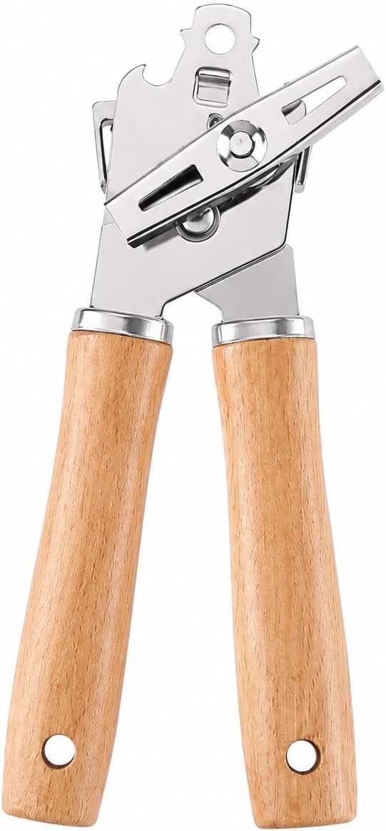 3-in-1 Manual Can Opener with Wooden Handle, Heavy Duty Opener