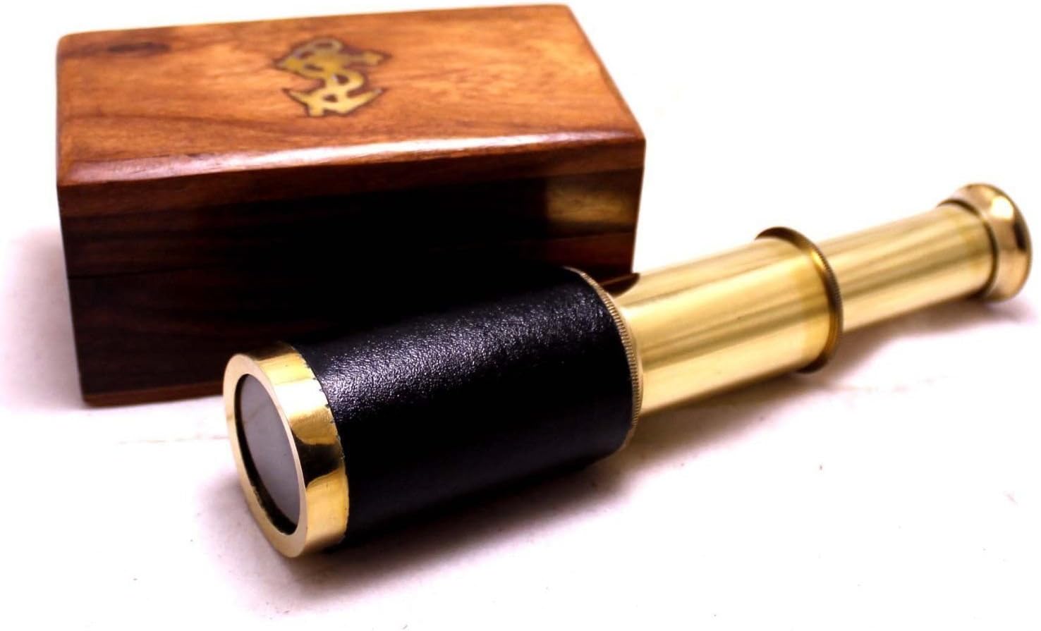 PIRU 6" Nautical Marine Leather Stitched Solid Brass Spyglass/Telescope in Wooden Box