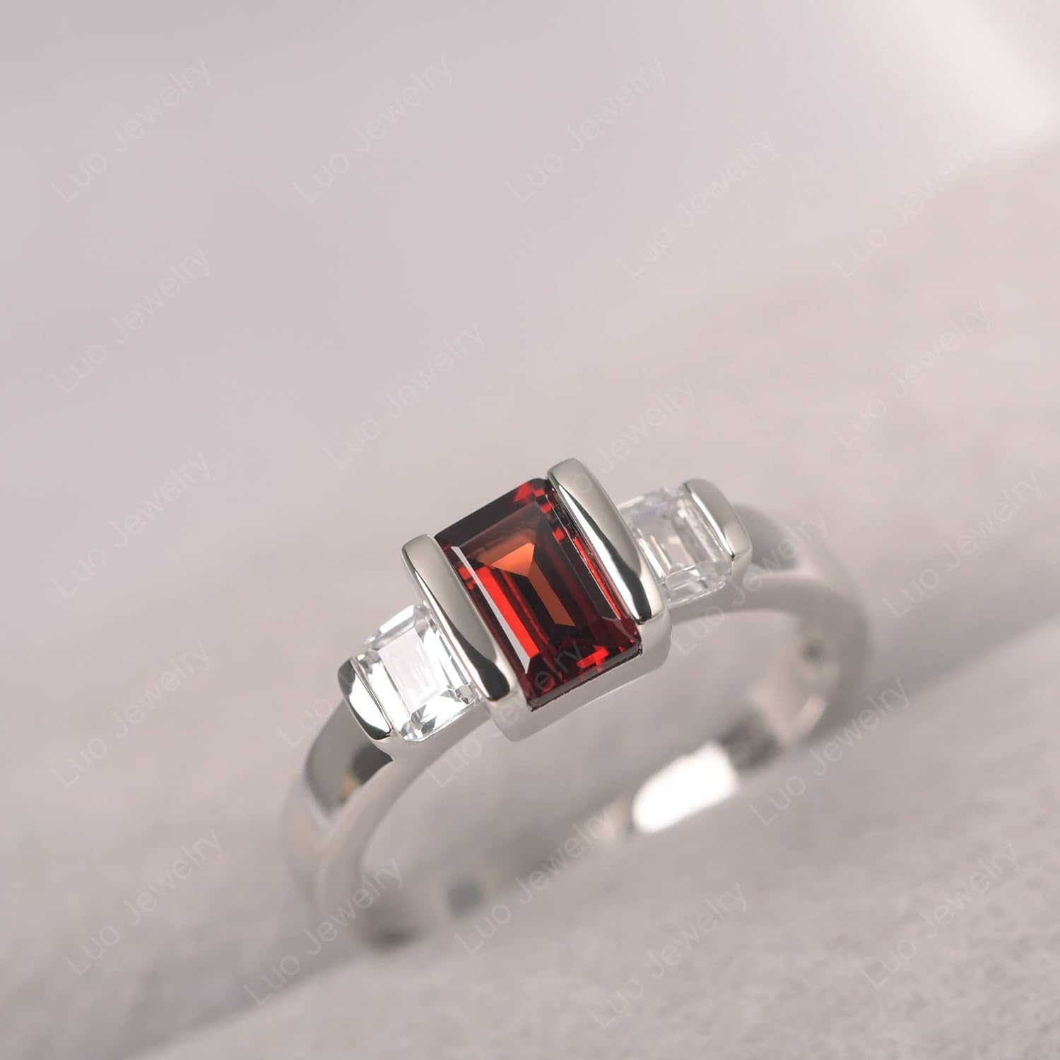 S925 Sterling Silver 3-Stone Ring Engagement Ring Emerald Cut Gemstone Ring Half Bezel Wedding Promise Rings for Women Jewelry