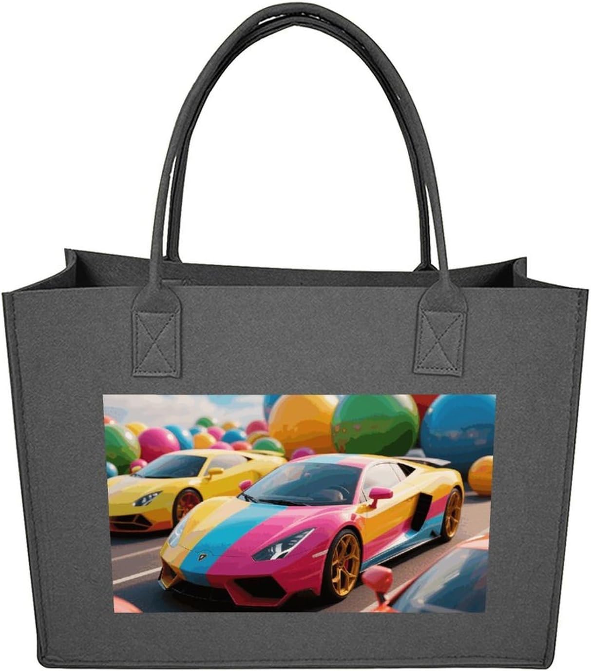 Colorful Balls & Cars Felt Tote Bag Reusable Large Handbag