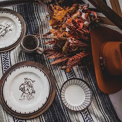 Image of Paseo Road Ranch Life 14 Piece Melamine Plastic Dinnerware Set with Plates, Bowls and Serving Platter, Black and White, Southwestern Rustic Cabin Lodge Farmhouse Style