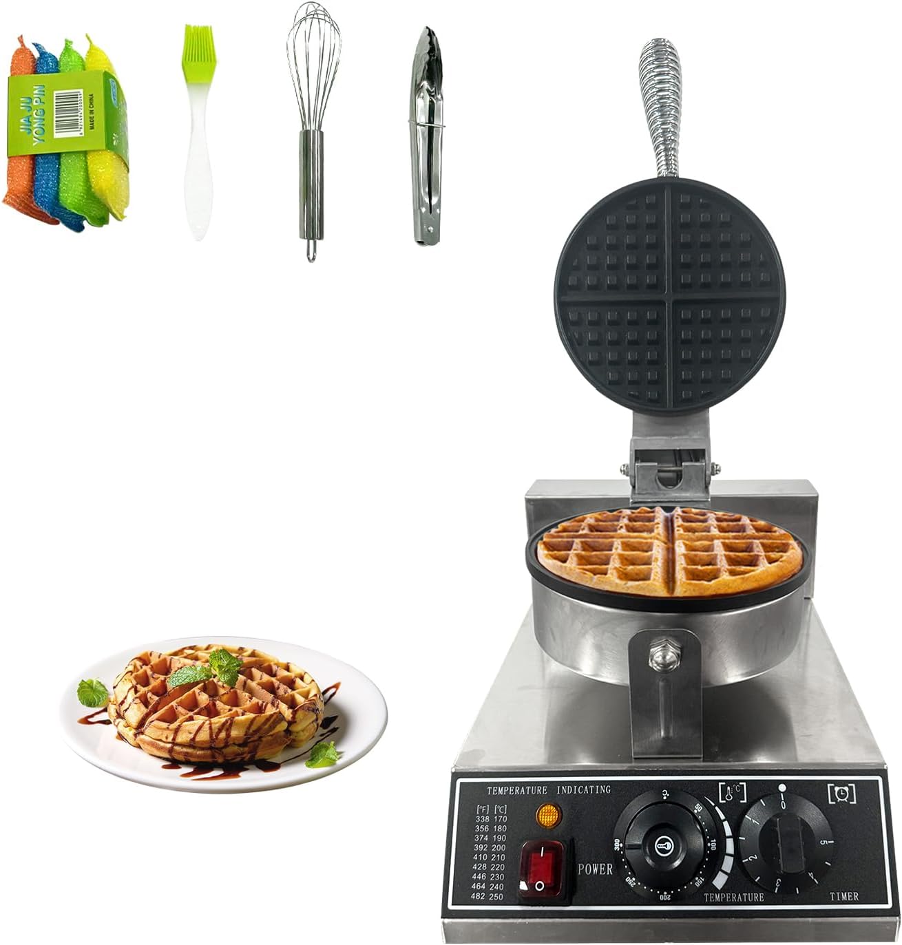 Commercial Waffle Maker, 1200w, 110v Round Waffle Iron, Non-Stick Stainless Steel Waffle Baker Machine with 122-572℉ Adjustable Temperature and Timer Control