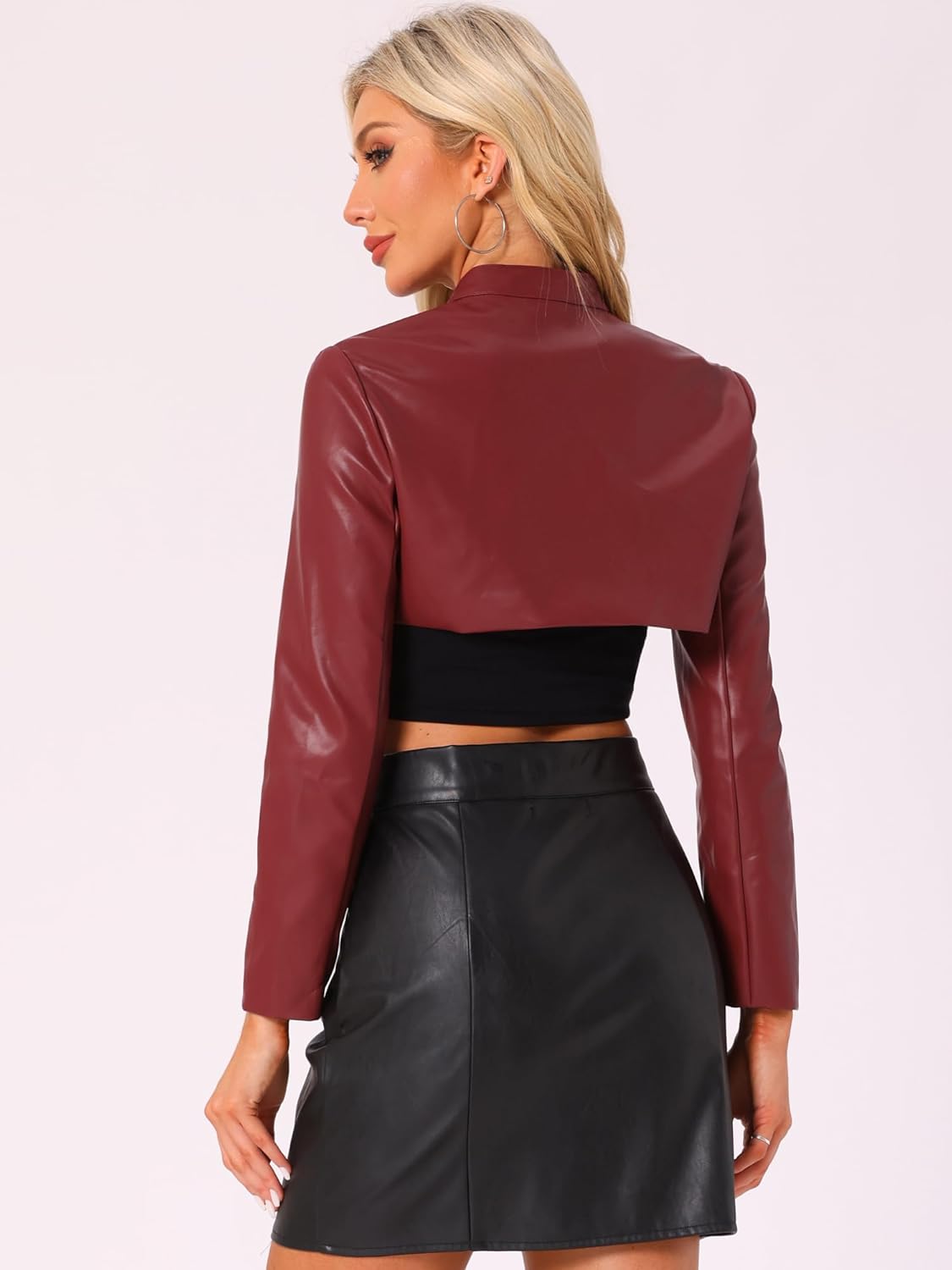 Allegra K Women's Faux Leather Cropped Top Stand Collar Zipper Front Moto Biker Long Sleeve Jacket Coat