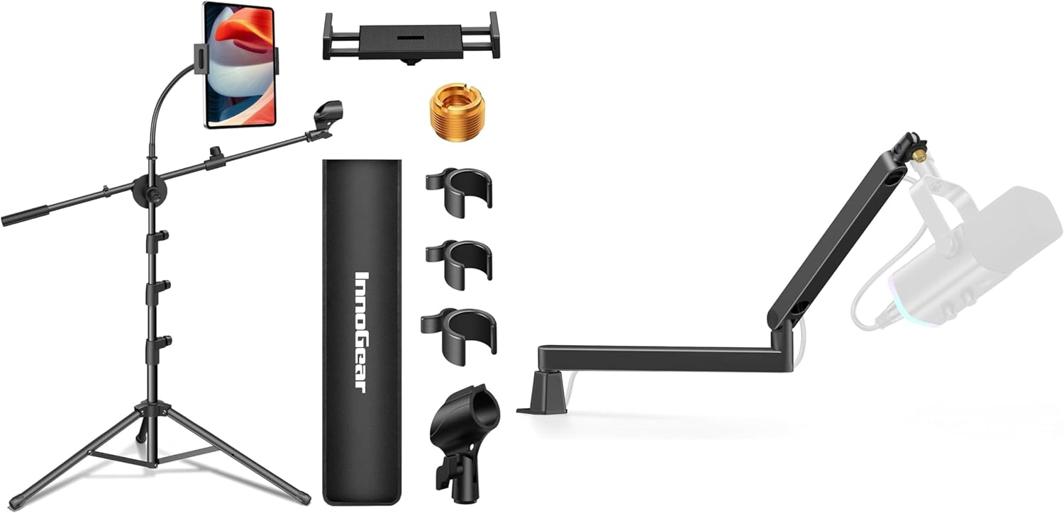 InnoGear 6 in 1 Microphone Stand Floor with Tablet Phone Holder & Low Profile Mic Stand with Magnetic Cable Management Desk Mount for Fifine AM8 K669B Blue Yeti HyperX QuadCast SoloCast AT2020