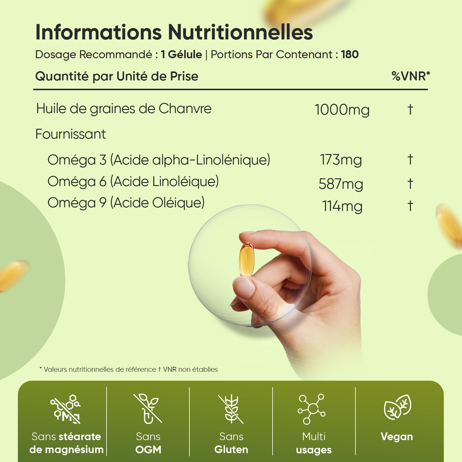 Huile de Graines de Chanvre 1000mg, 180 Gélules Omega 3 Vegan (6 Mois), Huile de Graines de Chanvre Pressées à Froid Riche en Omega 3 6 9 avec Acides Gras Essentiels et Vitamine E sans Arrière Goût