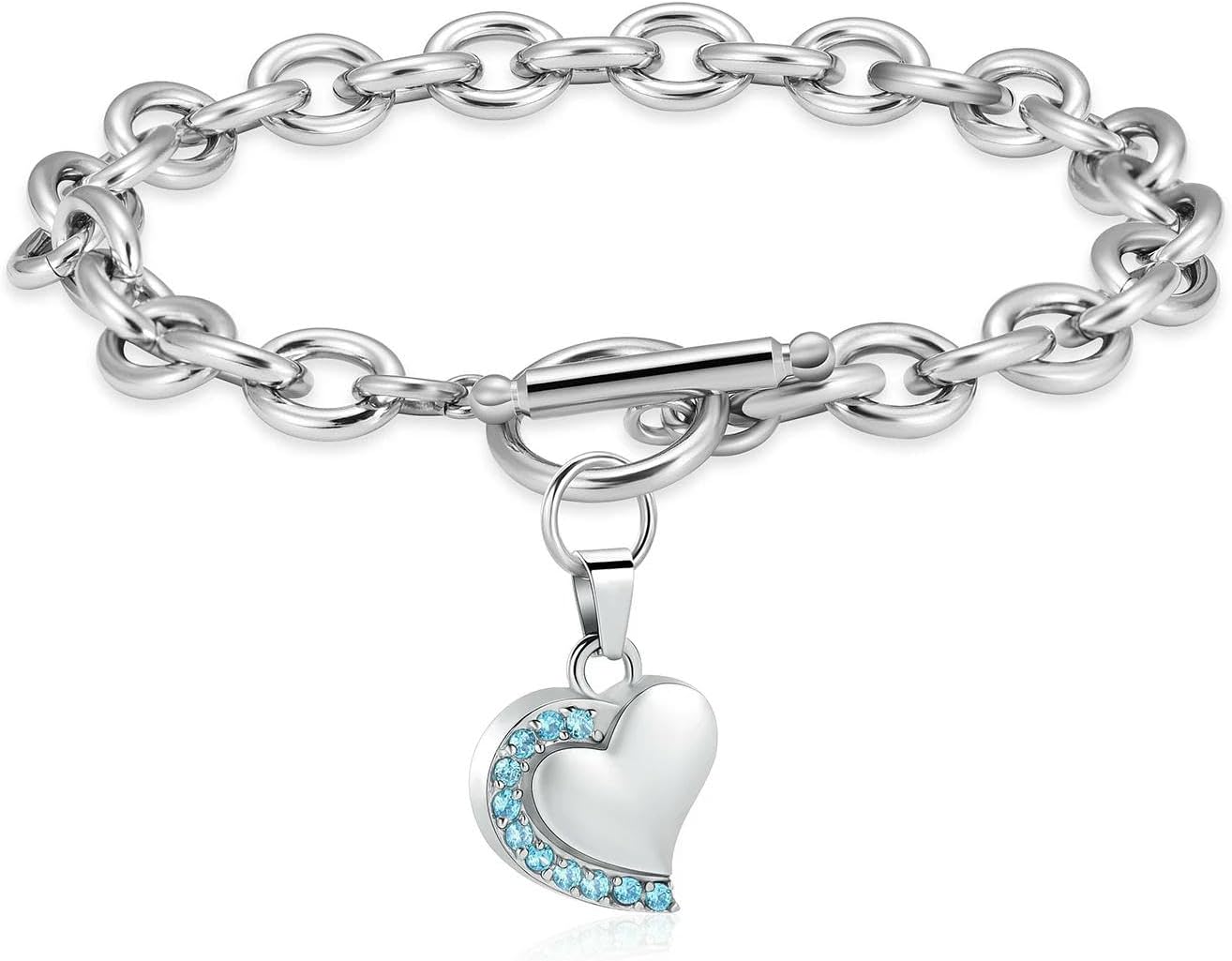 BIAIHQIE Cremation Urn Bracelet for Ashes Stainless Steel Love Heart Inlaid Crystal Pendant Keepsake Memorial Hand Chain-Blue