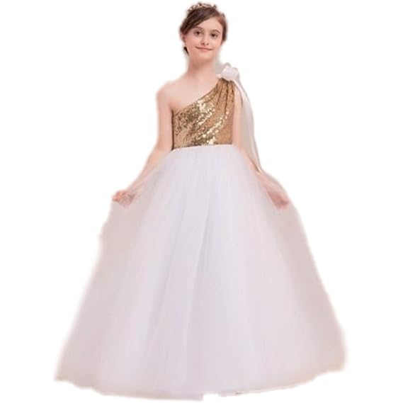 TILISM Girls White Princess Dress One Shoulder Party Gown Frock