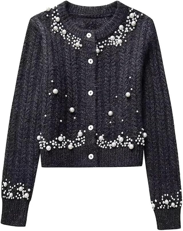 Womens Pearl Gray Single-Breasted Knit Sweater Retro O-Neck Long Sleeve Chic Casual Top for All Occasions