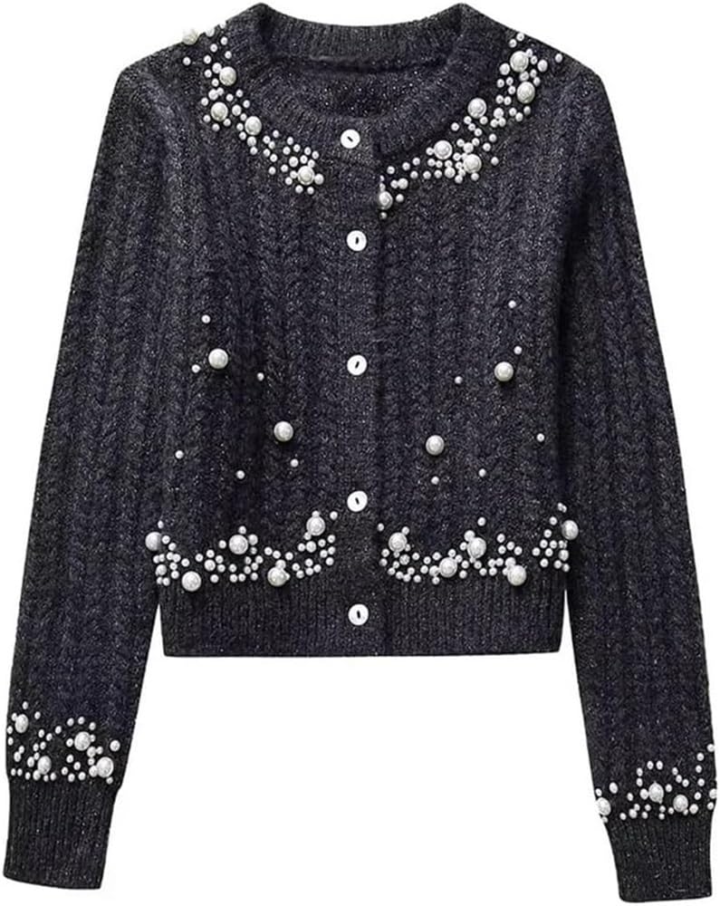 Womens Pearl Gray Single-Breasted Knit Sweater Retro O-Neck Long Sleeve Chic Casual Top for All Occasions