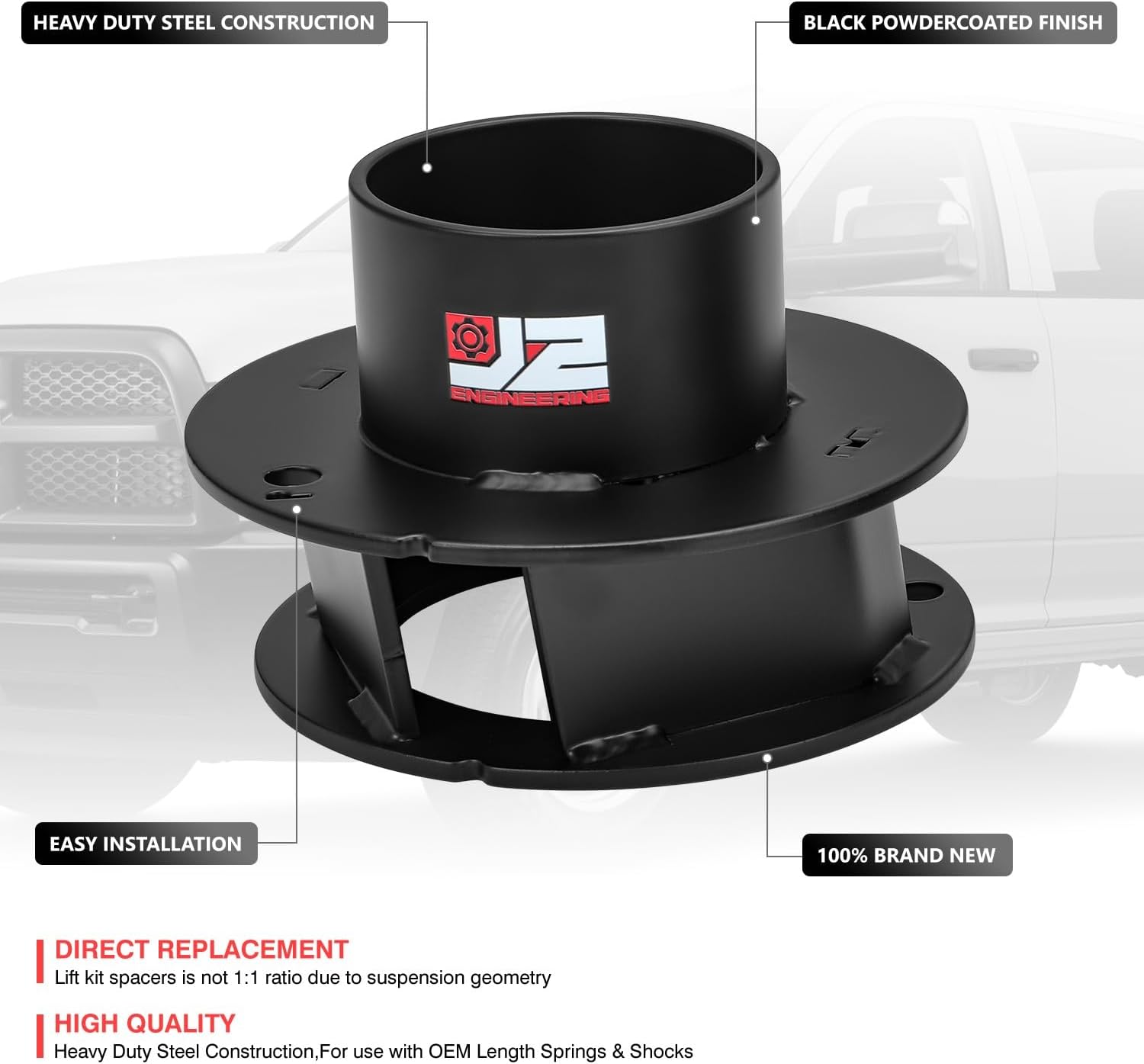 J2 Engineering 2.5" Front Leveling Lift Kit Compatible With 14-24 Ram 2500/13-24 Ram 3500 4WD, Coil Spring Spacer Shock Extensions Brackets, J2-LK-DG-F-SE-016-BK