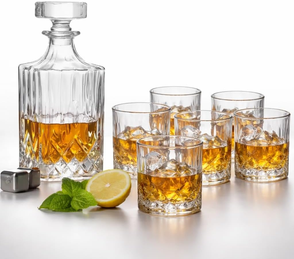 Crystal Whiskey Decanter Set – 7 Pcs Barware Gift Set with 1 Square Decanter (750ml) & 6 Glass Tumblers (340ml) – Elegant Glassware for Scotch, Bourbon, Rum, Vodka, Wine & Cocktails