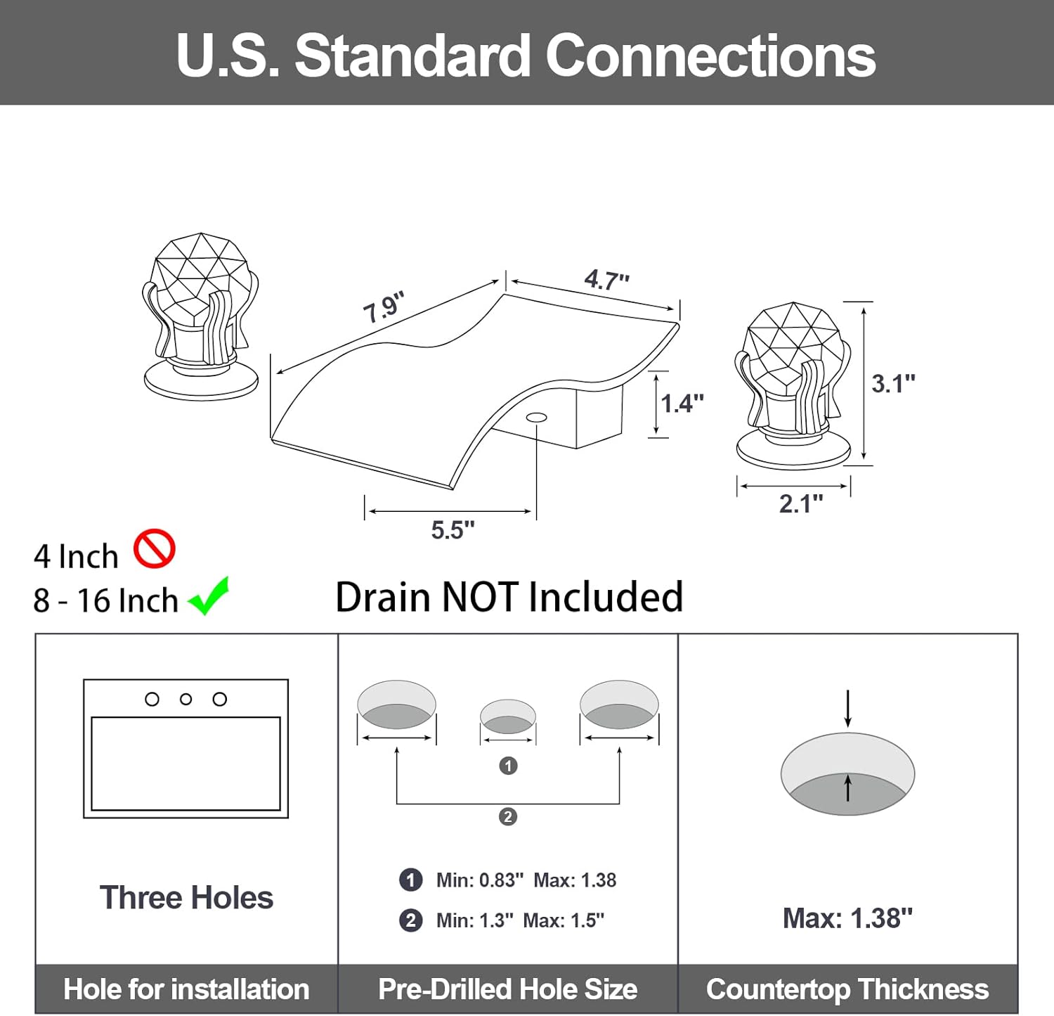 Widespread Bathroom Sink Faucet with Crystal Knob 3 Hole Waterfall Bathroom Faucet 8 Inch Crystal Vanity Faucets Deck Mount Basin Mixer Tap with Hose, Brushed Gold