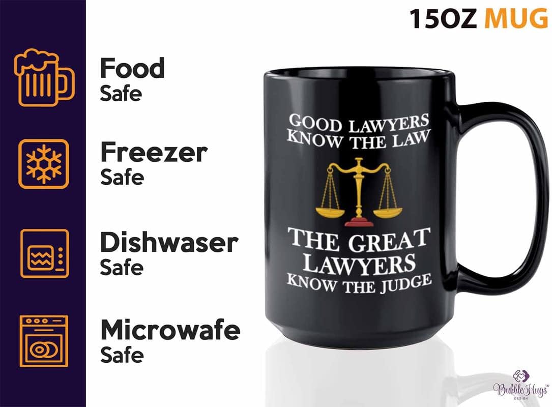 Bubble Hugs Lawyer Coffee Mug 15oz Black - The Law the Judge - Funny Law Quote Retired Lawyer Law Firm Attorney Paralegal Prosecutor Advocate Law Grad