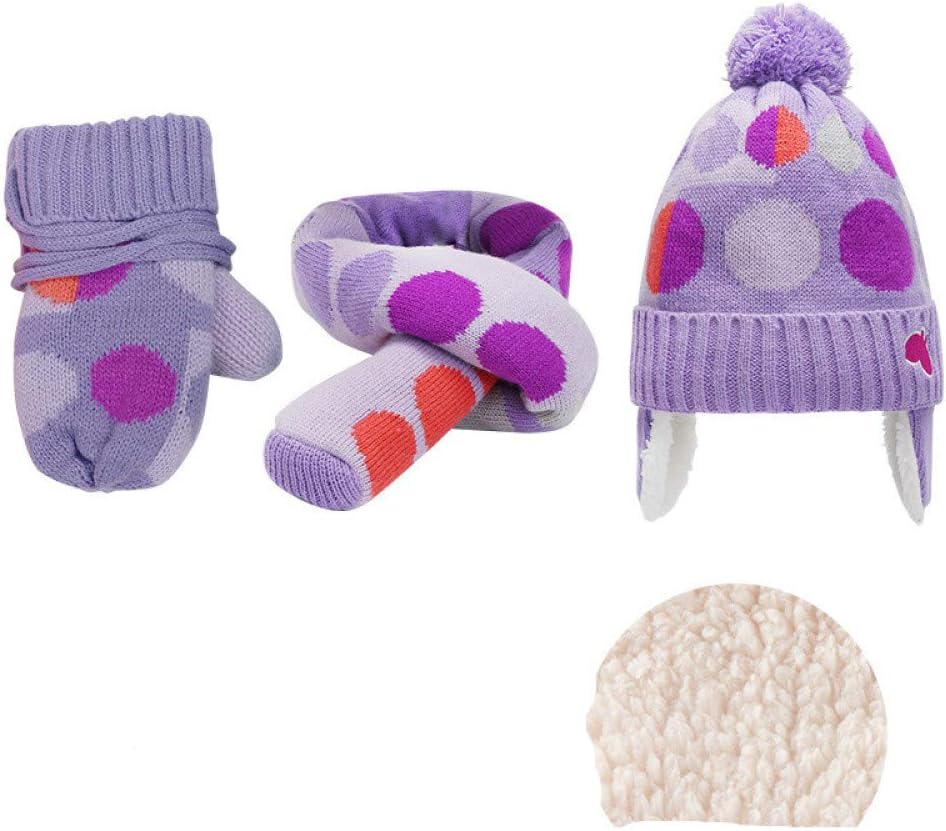 Girl Boy Hat Scarf Gloves Set Plus Velvet Pompons Thicken Lined Cap Warm/Purple / 52CM