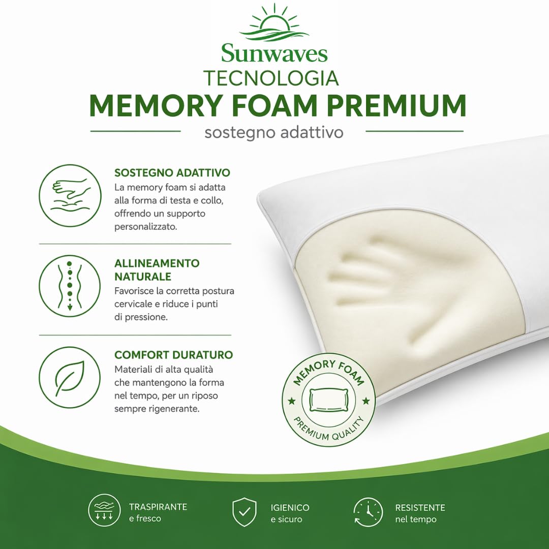 sunwaves 1 Cuscino Memory Foam – Cuscino Cervicale per Dormire 70x40x18 cm, Cuscino per Cervicale Made in Italy, Cuscino Antirussamento, Cuscino Letto in Memory Foam di Prima Scelta